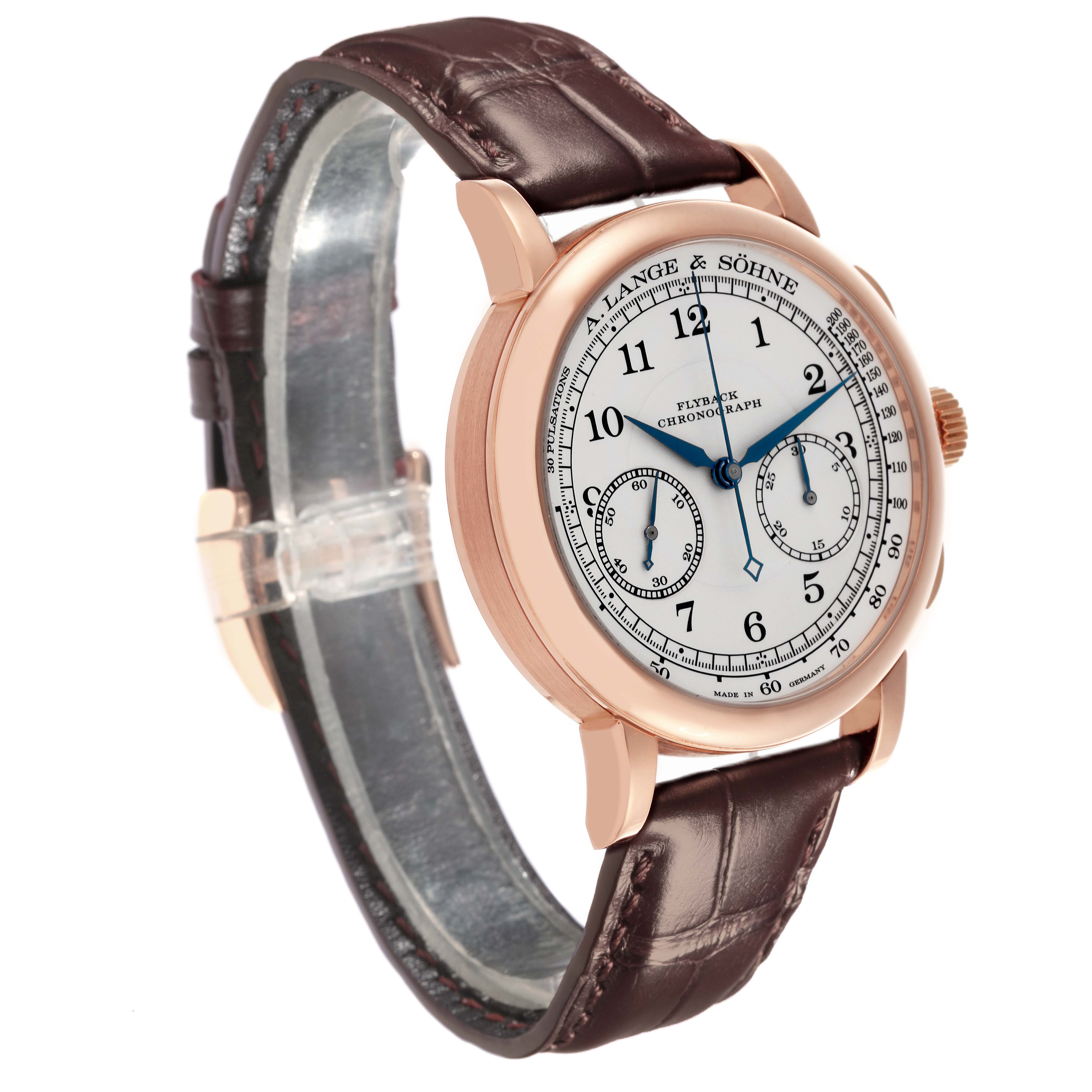The 1815 model by A. Lange 
Söhne is shown at an angled view, displaying its face, chronograph, and brown leather strap.