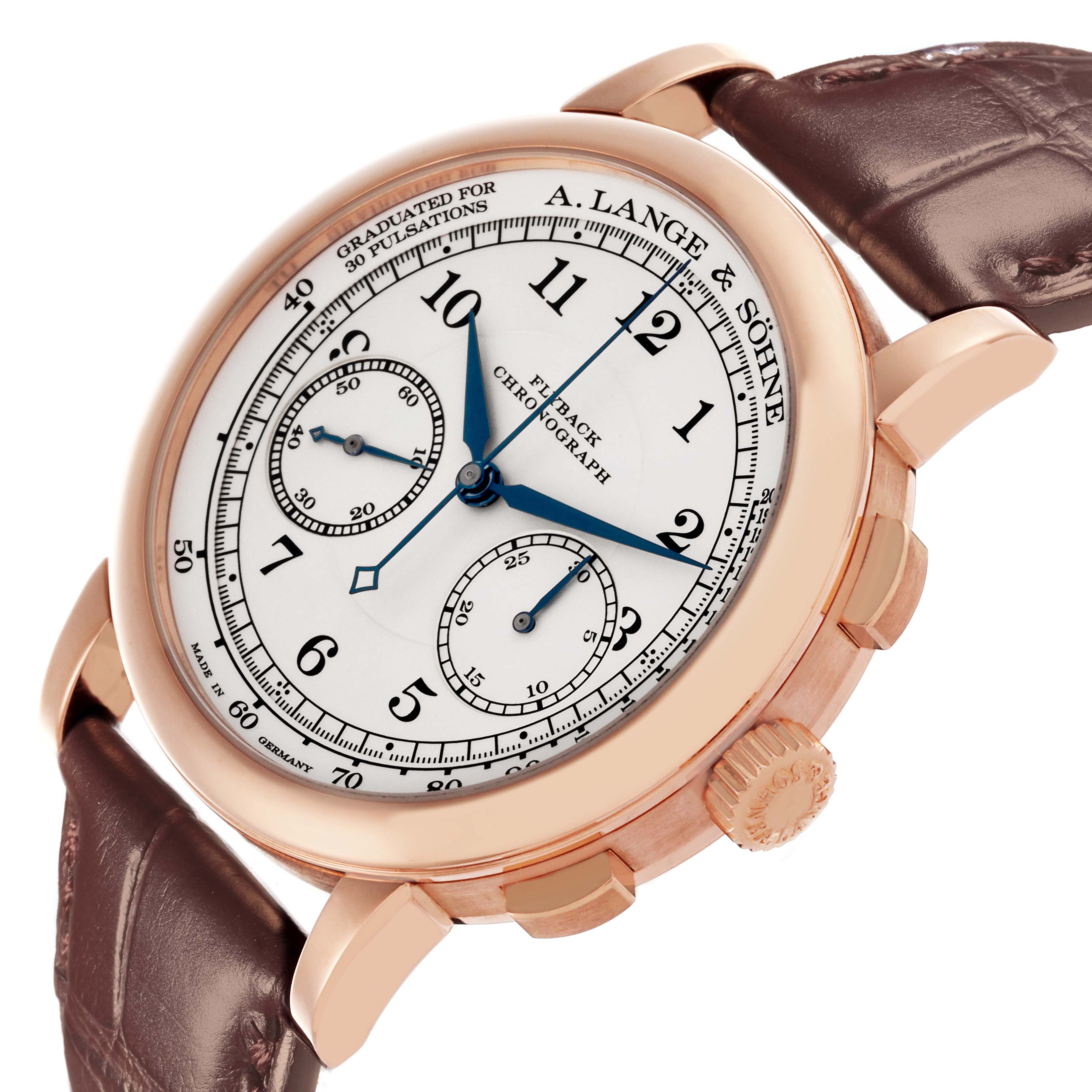 The A. Lange 
Sohne 1815 414.032 Men
s Rose Gold Silver Dial watch is shown at an upper-side angle, displaying the dial, crown, pushers, and leather strap.