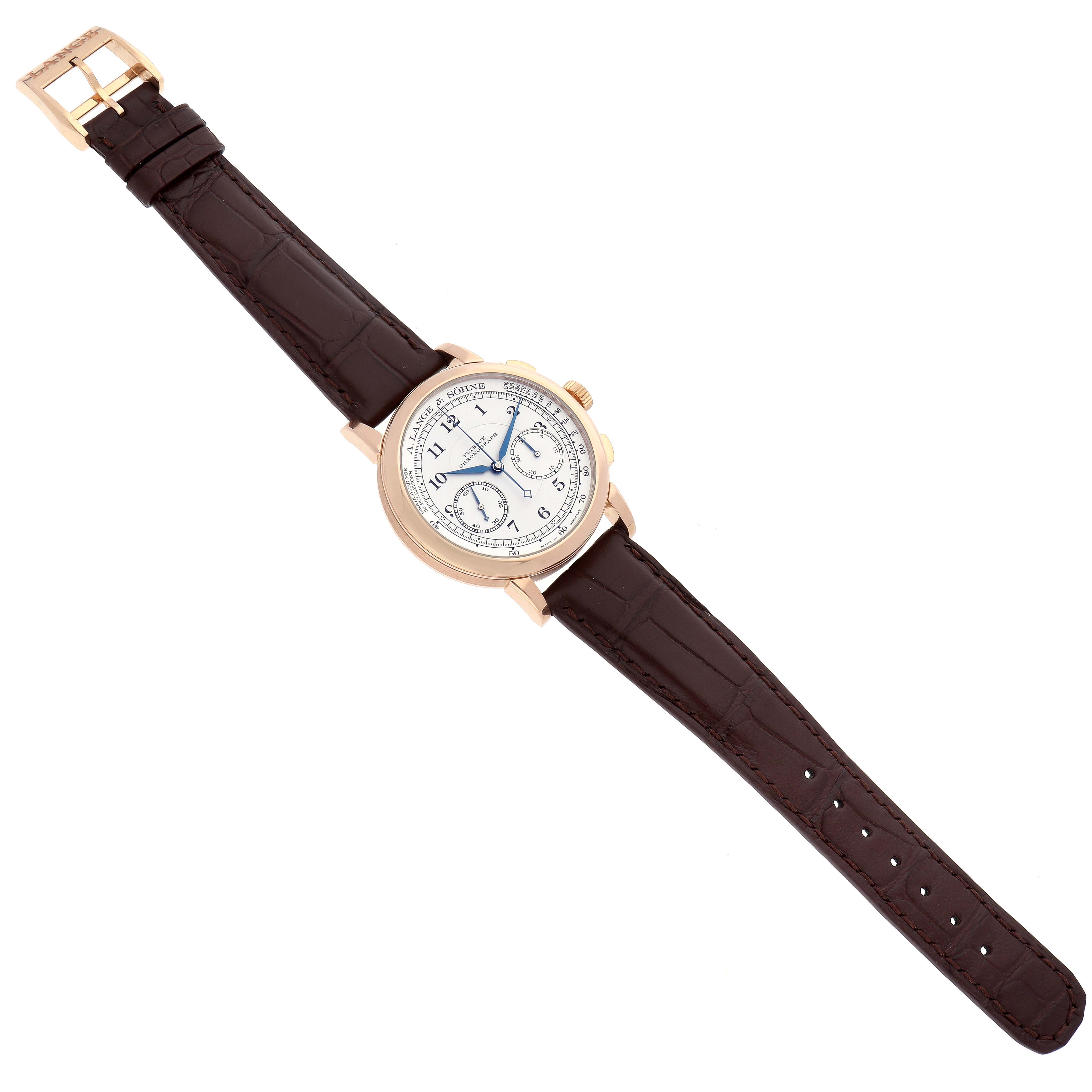 The A. Lange 
Sohne 1815 414.032 Men
s Rose Gold Silver Dial watch is shown flat with a full view of the dial and brown leather strap.