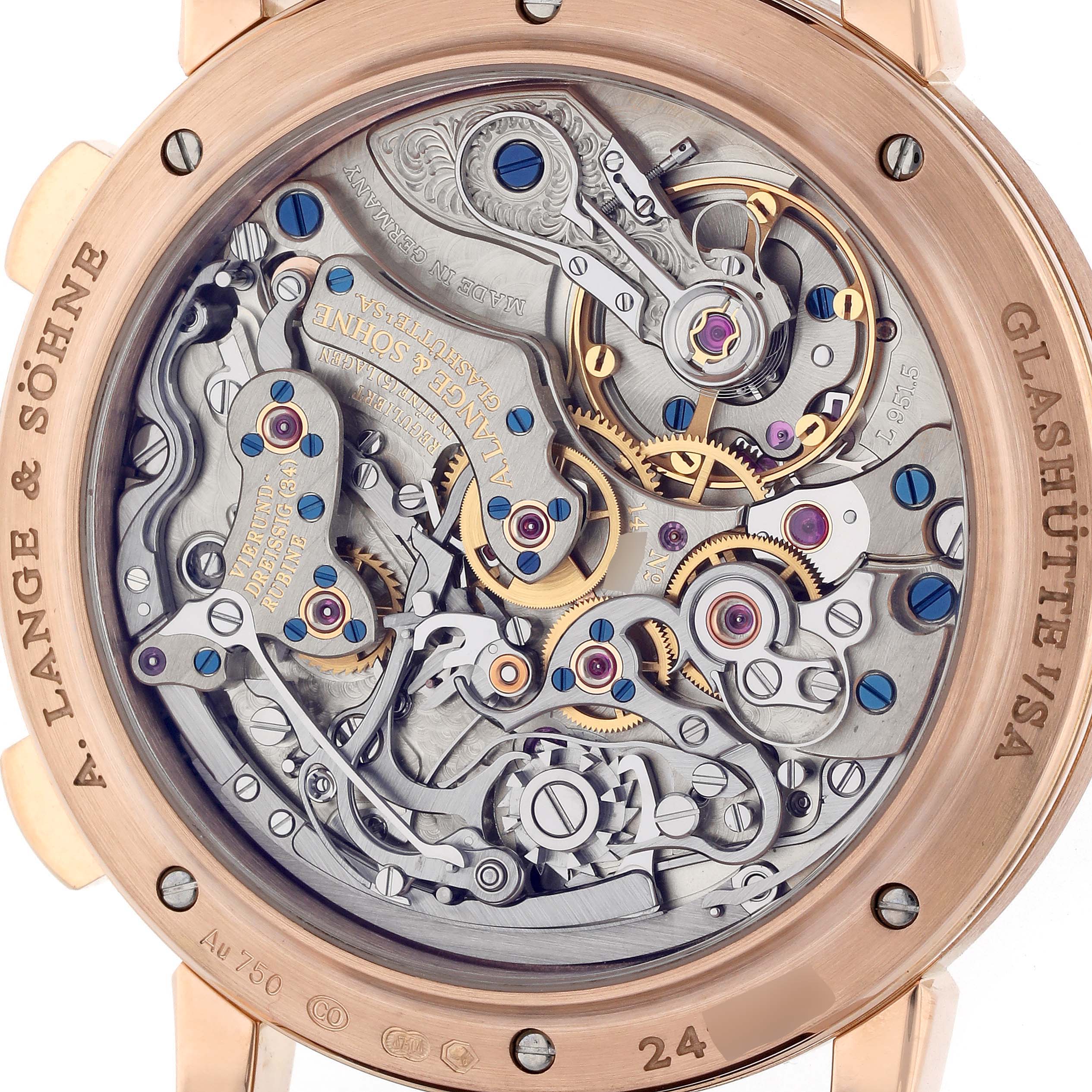 The image shows the back view of the A. Lange 
Sohne 1815 414.032 Men
s Rose Gold Silver Dial, revealing its intricate mechanical movement.
