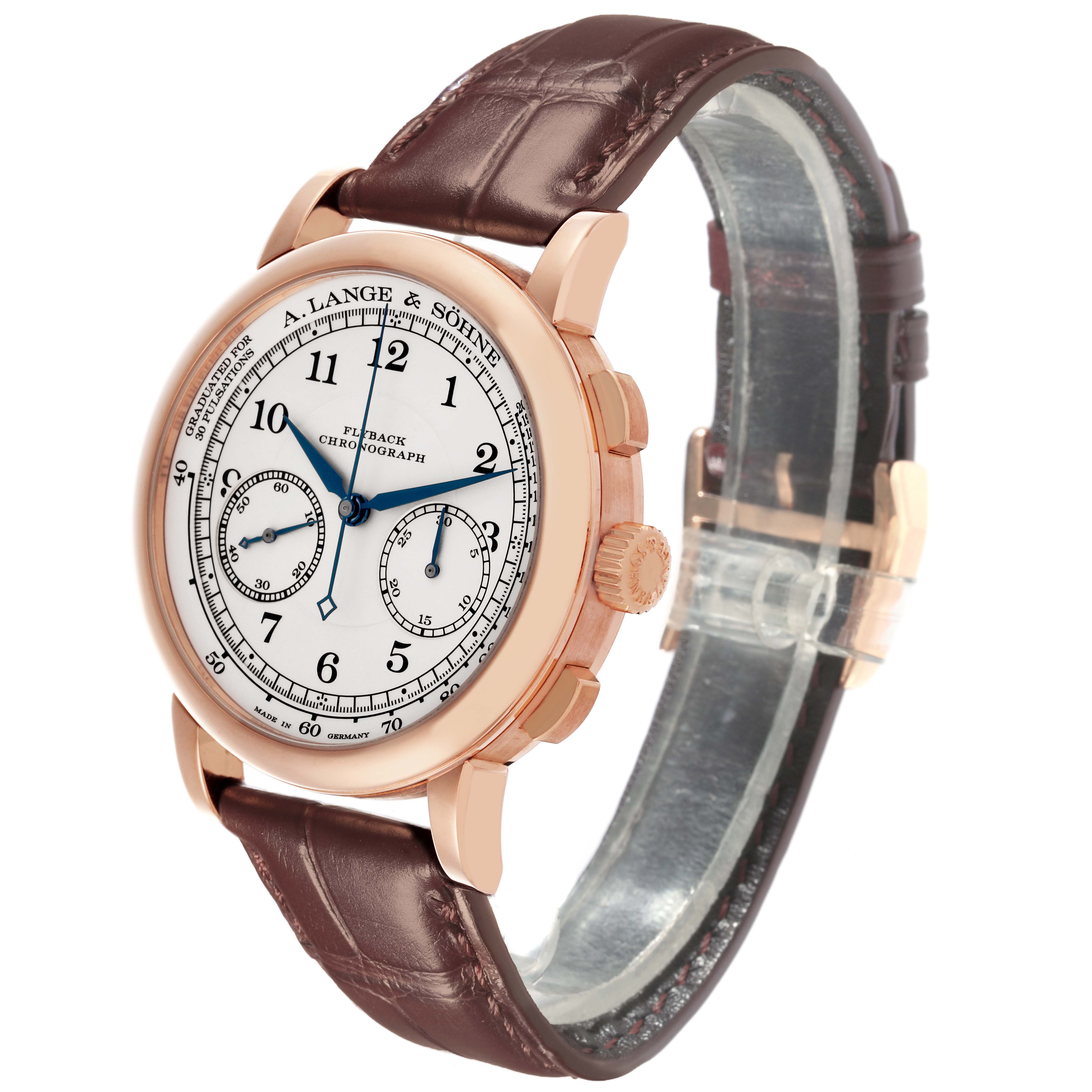 The A. Lange 
Sohne 1815 414.032 Men
s Rose Gold Silver Dial model watch is shown at an angled frontal view, highlighting the face, crown, and strap.