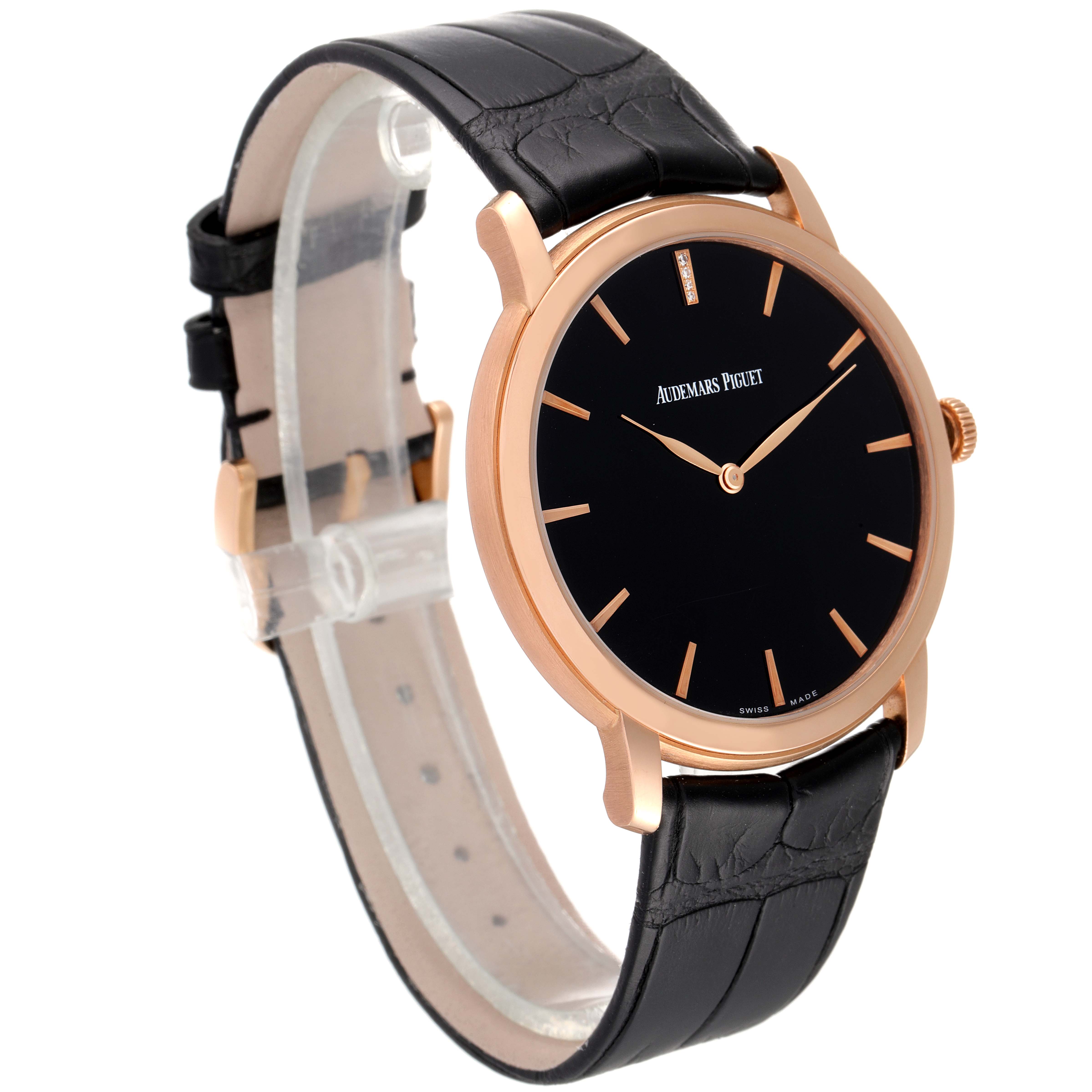 The image shows a side angle of the Audemars Piguet Jules 15184OR.OO.A102CR.01 Men's Rose Gold Black Dial 15184OR.OO.A102CR.01 Men's Rose Gold Black Dial watch, highlighting its black leather strap and rose gold case.