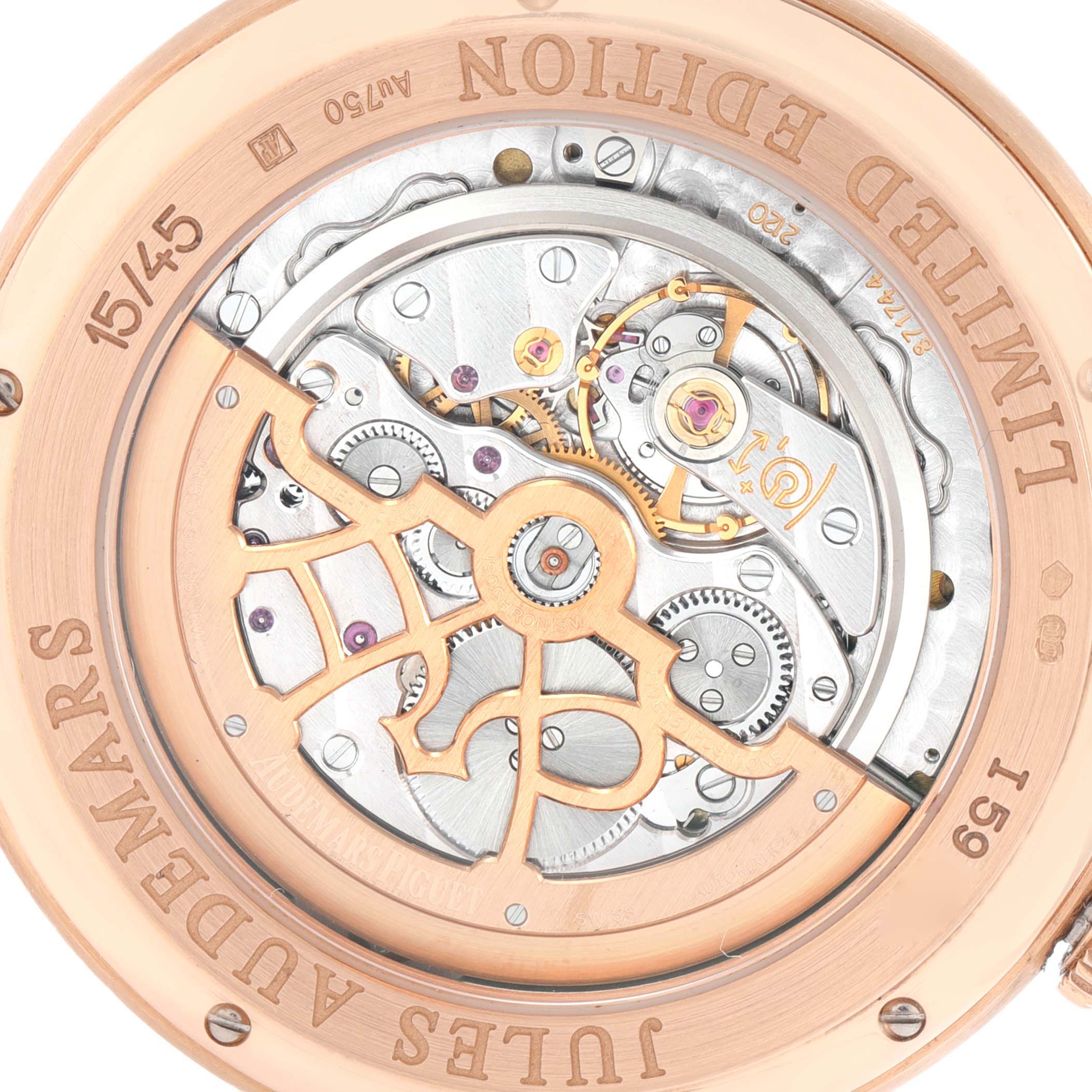 This image shows the back view of the Audemars Piguet Jules 15184OR.OO.A102CR.01 Men's Rose Gold Black Dial 15184OR.OO.A102CR.01 Men's Rose Gold Black Dial model watch, highlighting its intricate movement and limited edition engraving.