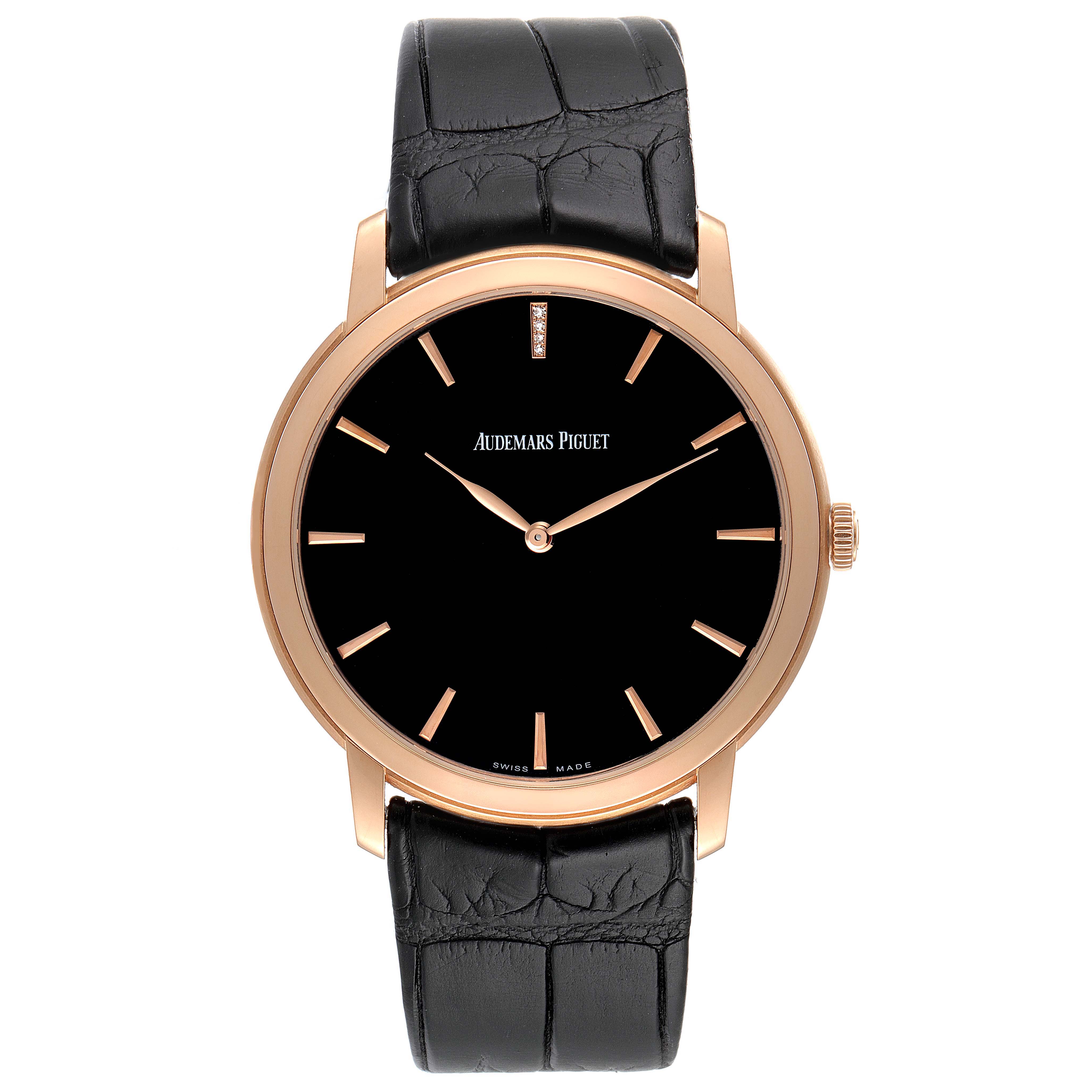 This image shows a frontal view of the Audemars Piguet Jules 15184OR.OO.A102CR.01 Men's Rose Gold Black Dial 15184OR.OO.A102CR.01 Men's Rose Gold Black Dial watch with a black leather strap and a black dial.