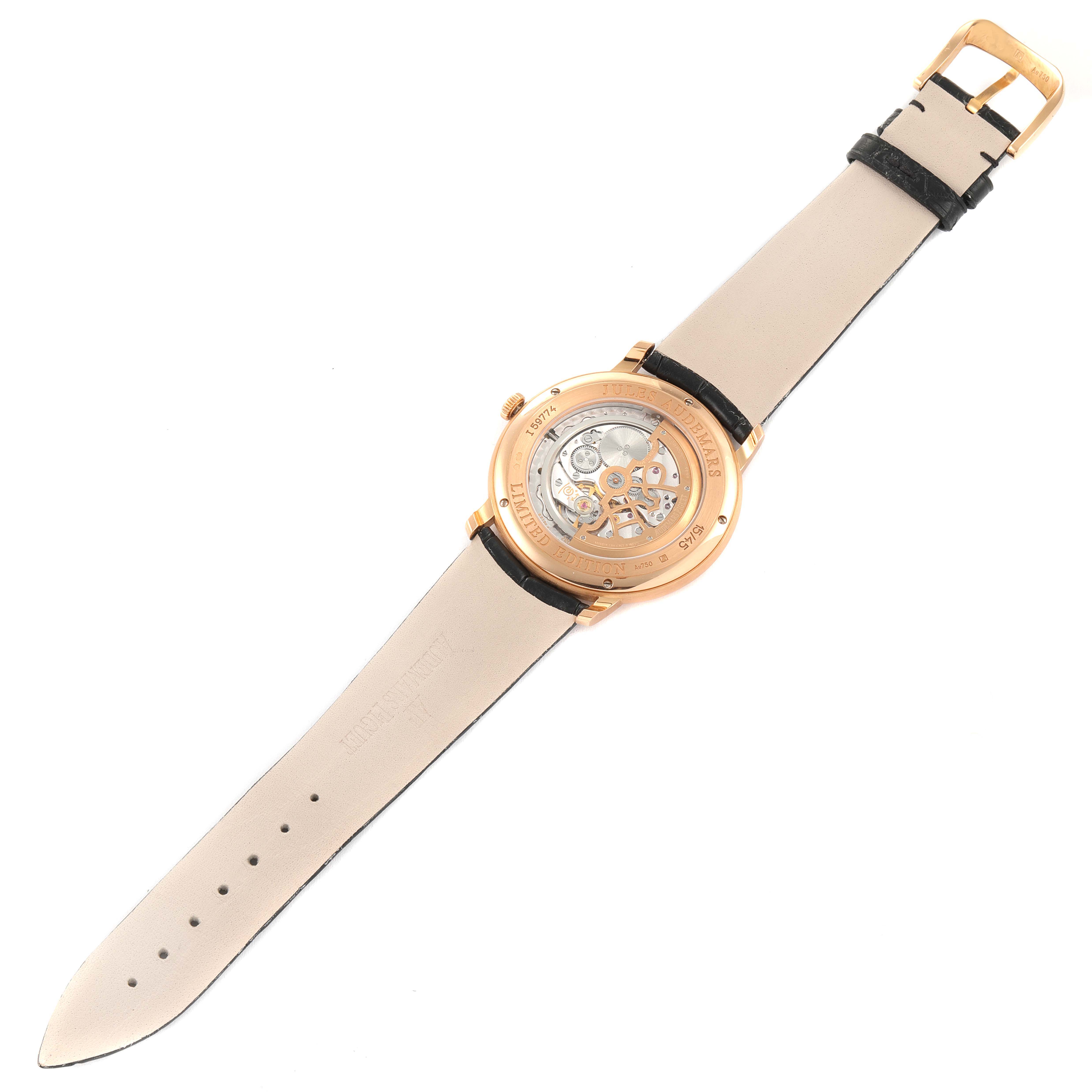 The image shows the back view of a Jules model watch by Audemars Piguet, highlighting its skeleton case back and leather strap.