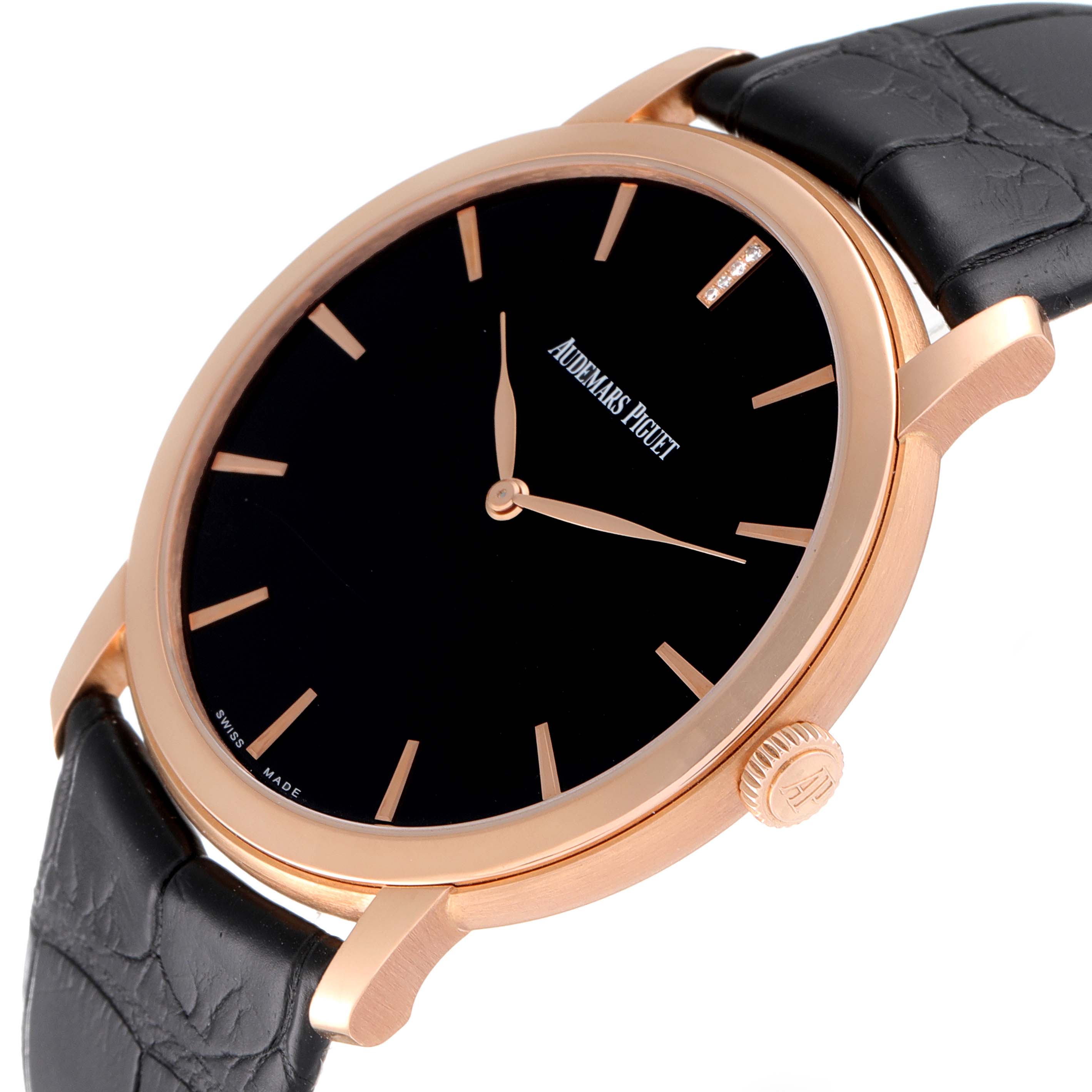 This image shows a side-angle view of the Audemars Piguet Jules 15184OR.OO.A102CR.01 Men's Rose Gold Black Dial 15184OR.OO.A102CR.01 Men's Rose Gold Black Dial watch, highlighting its black dial, rose gold case, and black leather strap.