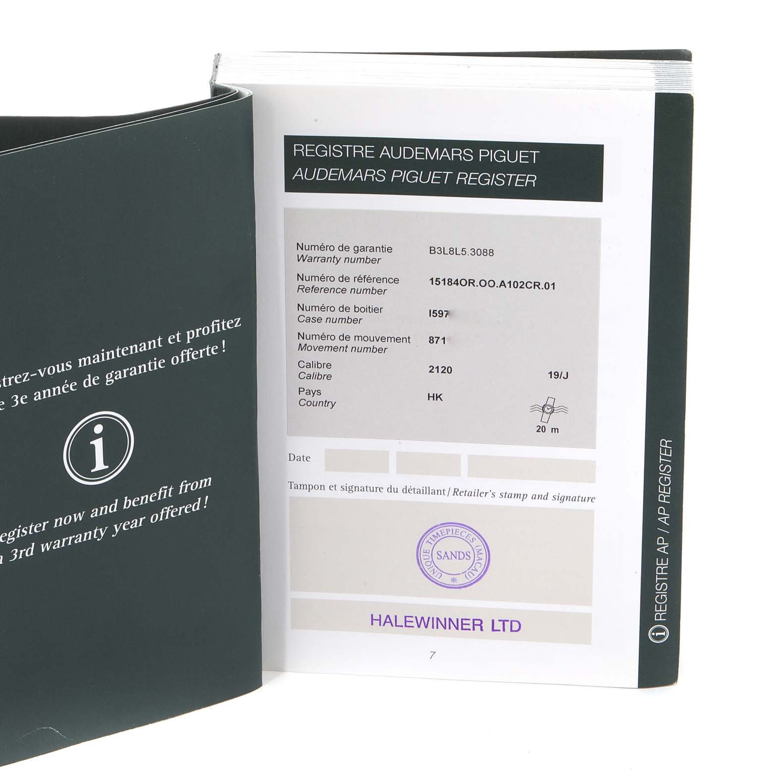 The image shows the warranty and registration booklet for the Audemars Piguet Jules 15184OR.OO.A102CR.01 Men's Rose Gold Black Dial 15184OR.OO.A102CR.01 Men's Rose Gold Black Dial model watch, including reference and case numbers.