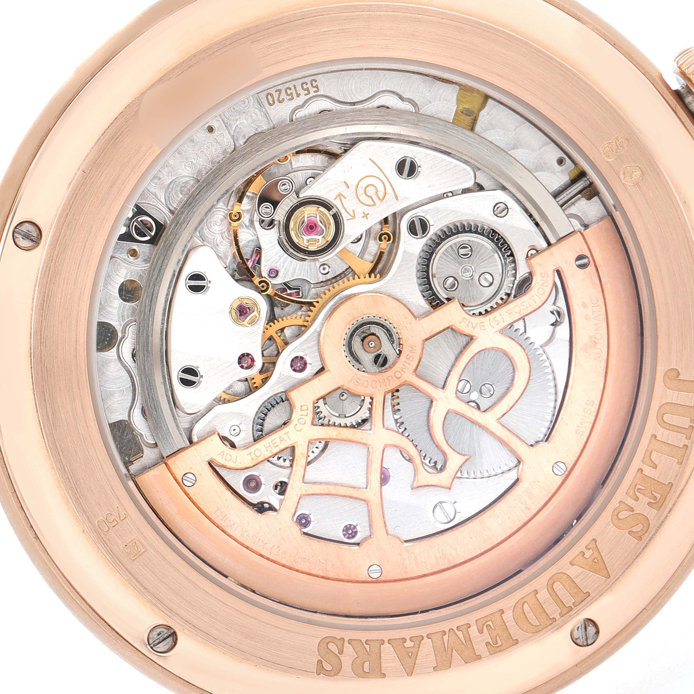 This image shows a close-up rear view of the movement and inner workings of the Jules model watch by Audemars Piguet.