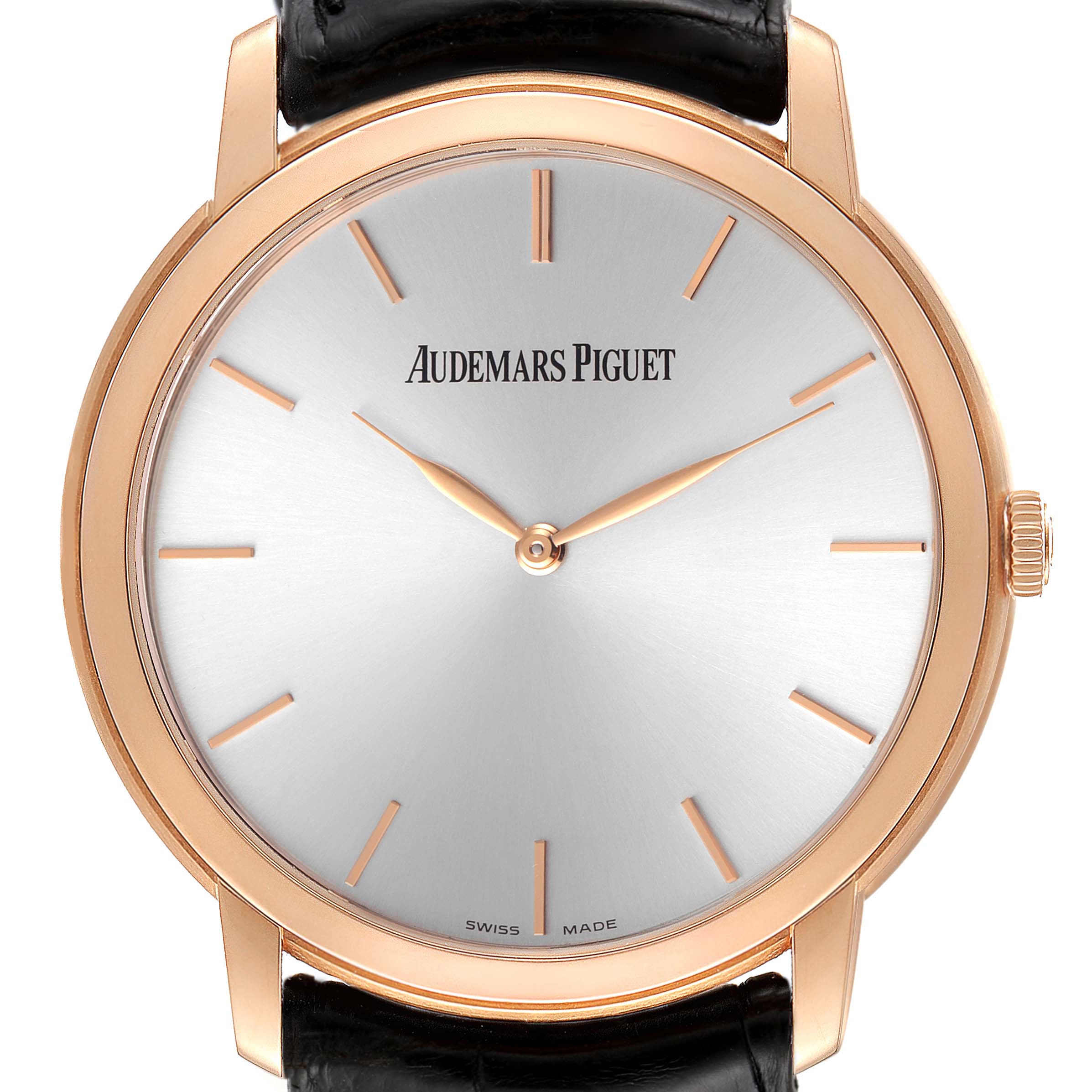 This image shows a front view of the Jules model by Audemars Piguet, highlighting the watch face, hands, and brand name.
