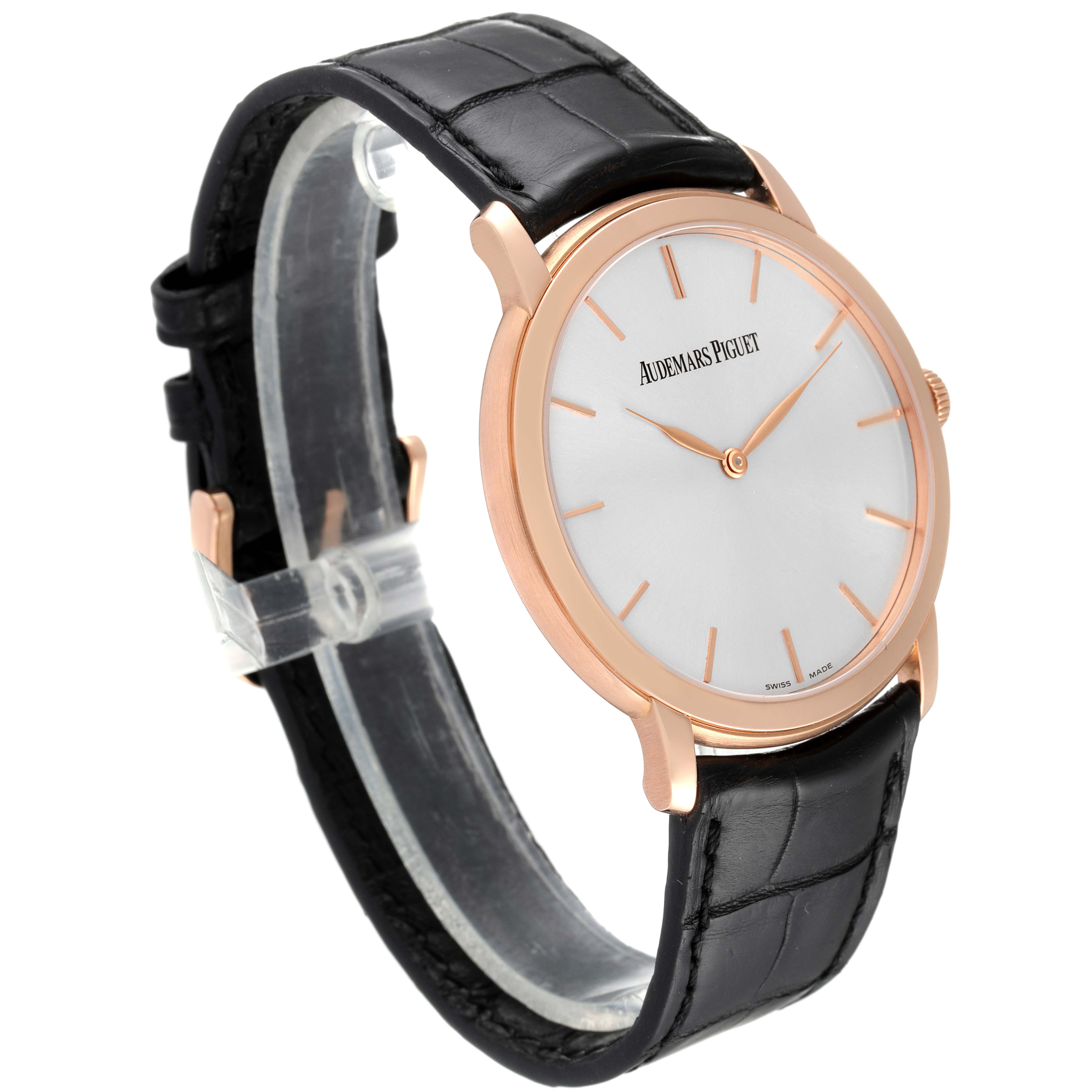 This image showcases the Audemars Piguet Jules 15180OR.OO.A088CR.01 Men's Rose Gold Silver Dial 15180OR.OO.A088CR.01 Men's Rose Gold Silver Dial model at a slight angle, highlighting its rose gold case and black leather strap.