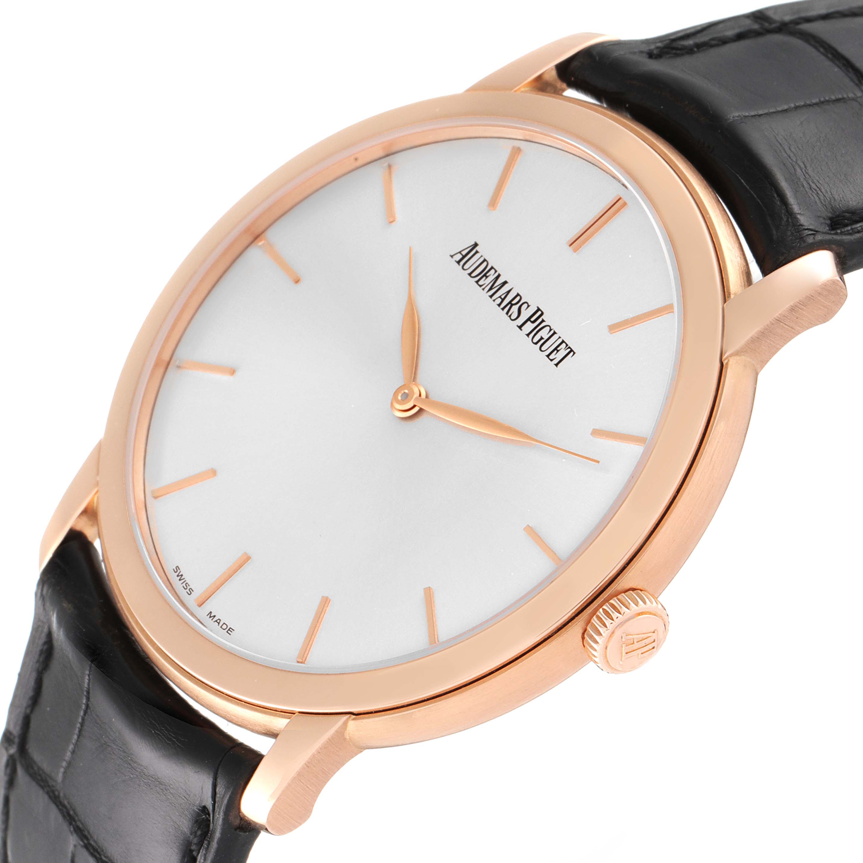 The Jules model by Audemars Piguet is shown at an angle displaying the watch face, crown, and black leather strap.