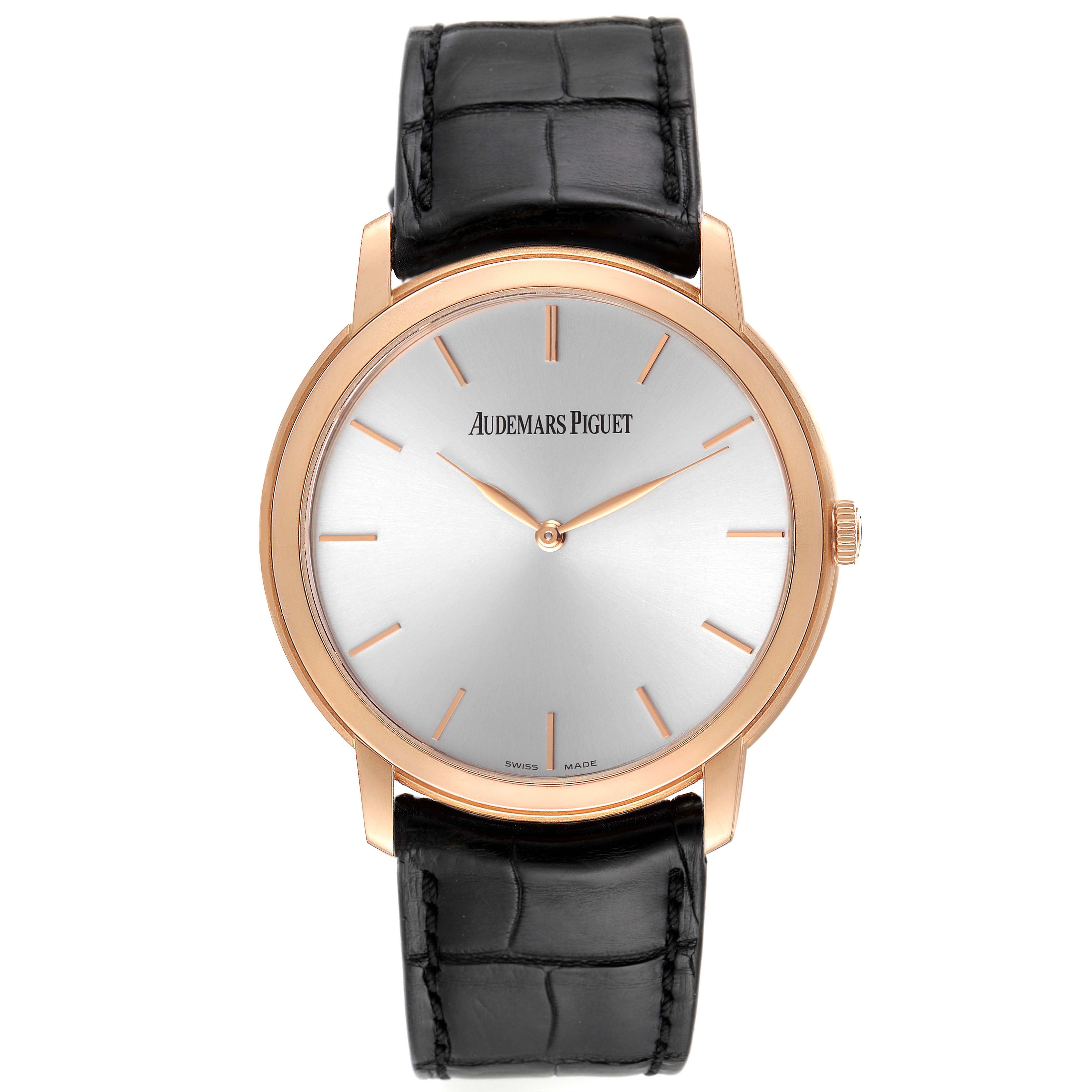 The image shows a front view of the Audemars Piguet Jules 15180OR.OO.A088CR.01 Men's Rose Gold Silver Dial 15180OR.OO.A088CR.01 Men's Rose Gold Silver Dial watch, displaying its dial, hands, and black leather strap.