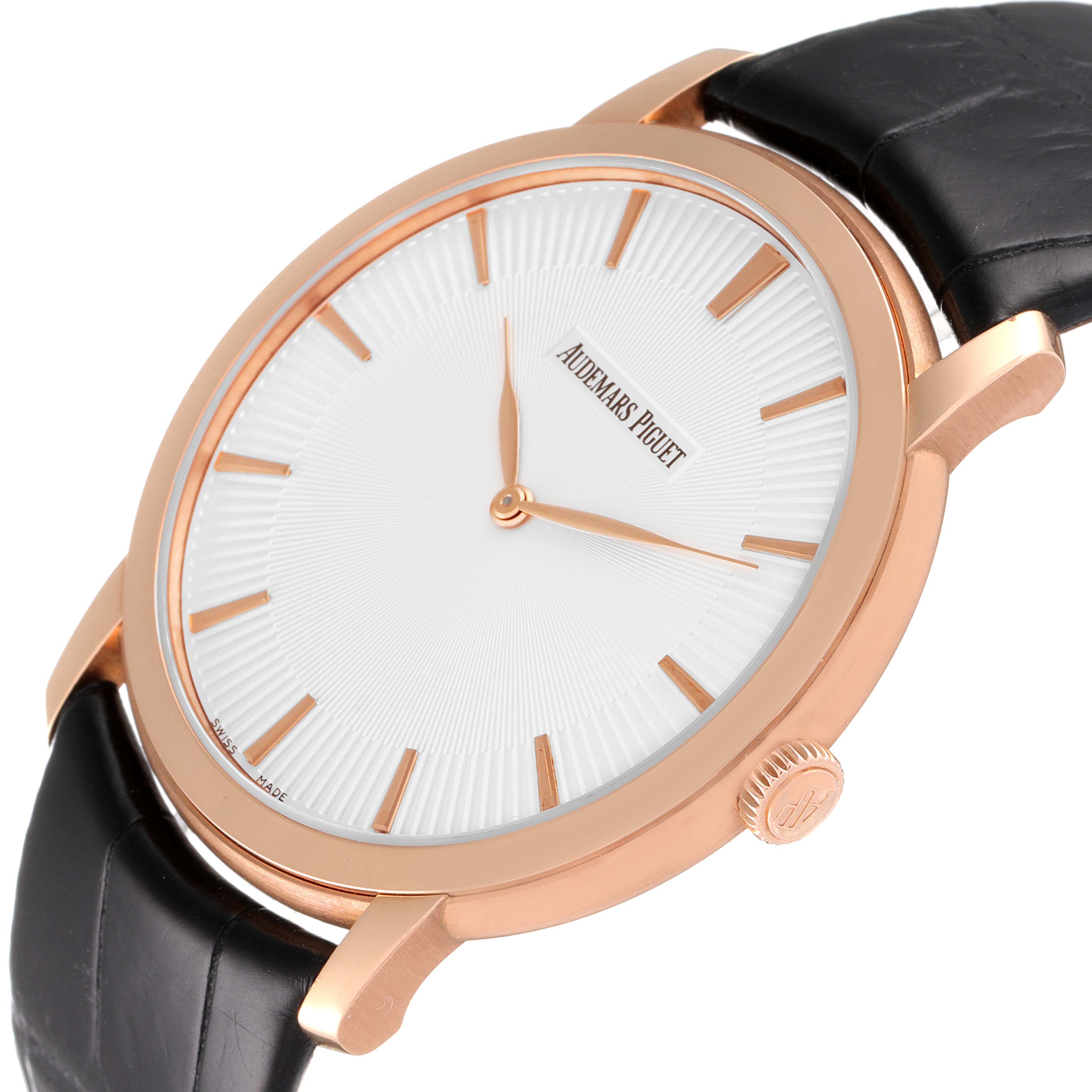 The image shows a close-up view of the Audemars Piguet Jules 15180OR.OO.A102CR.01 Men
s Rose Gold Silver Dial 15180OR.OO.A102CR.01 Men
s Rose Gold Silver Dial model watch, highlighting the dial, bezel, and leather strap.