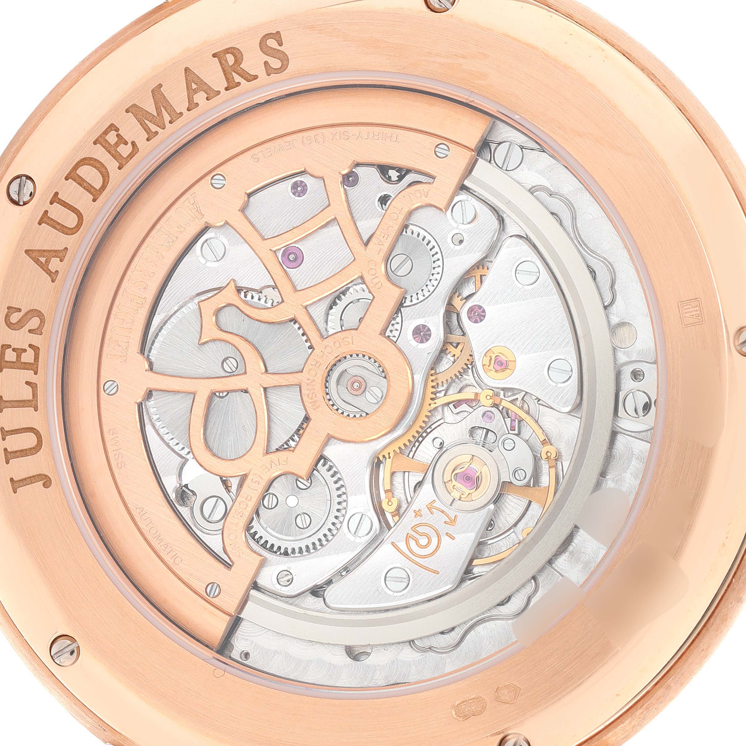 This image shows the back view and internal mechanism of the Audemars Piguet Jules 15180OR.OO.A102CR.01 Men
s Rose Gold Silver Dial 15180OR.OO.A102CR.01 Men
s Rose Gold Silver Dial model watch.
