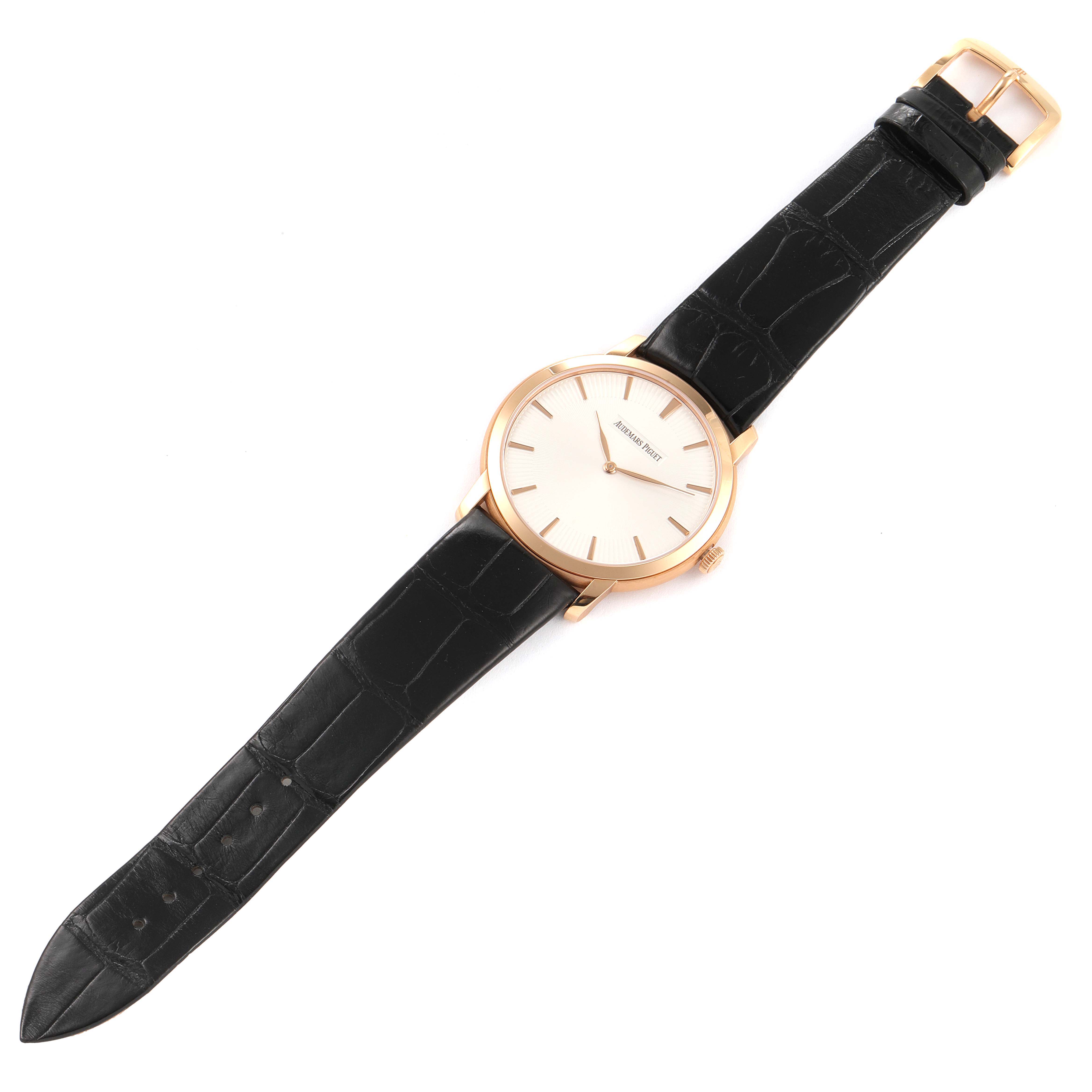 This is an overhead view of the Audemars Piguet Jules 15180OR.OO.A102CR.01 Men
s Rose Gold Silver Dial 15180OR.OO.A102CR.01 Men
s Rose Gold Silver Dial watch, displaying the face, hands, and leather strap.