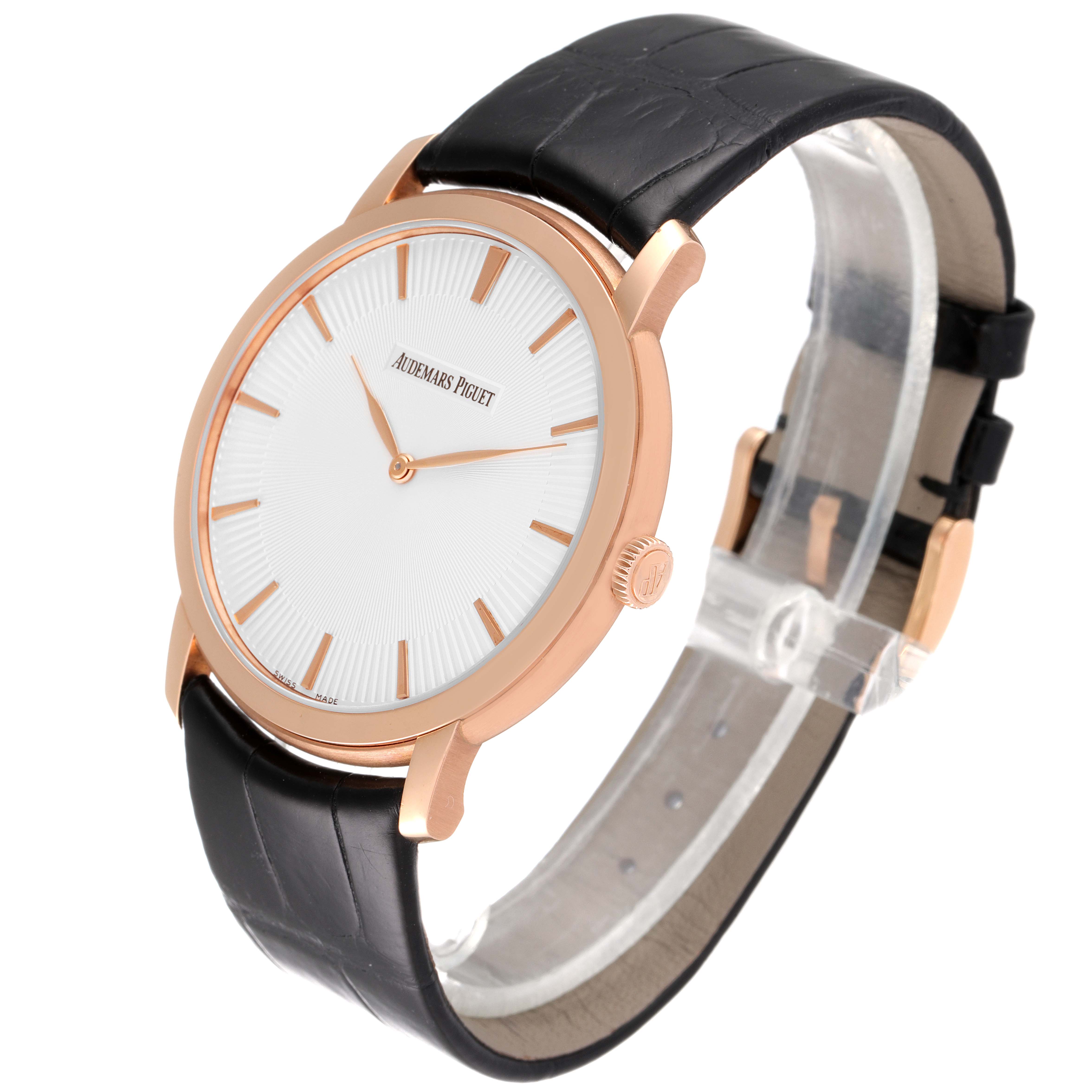 The photo shows a side and front angle of the Audemars Piguet Jules 15180OR.OO.A102CR.01 Men
s Rose Gold Silver Dial 15180OR.OO.A102CR.01 Men
s Rose Gold Silver Dial watch, highlighting the face, crown, and leather strap.