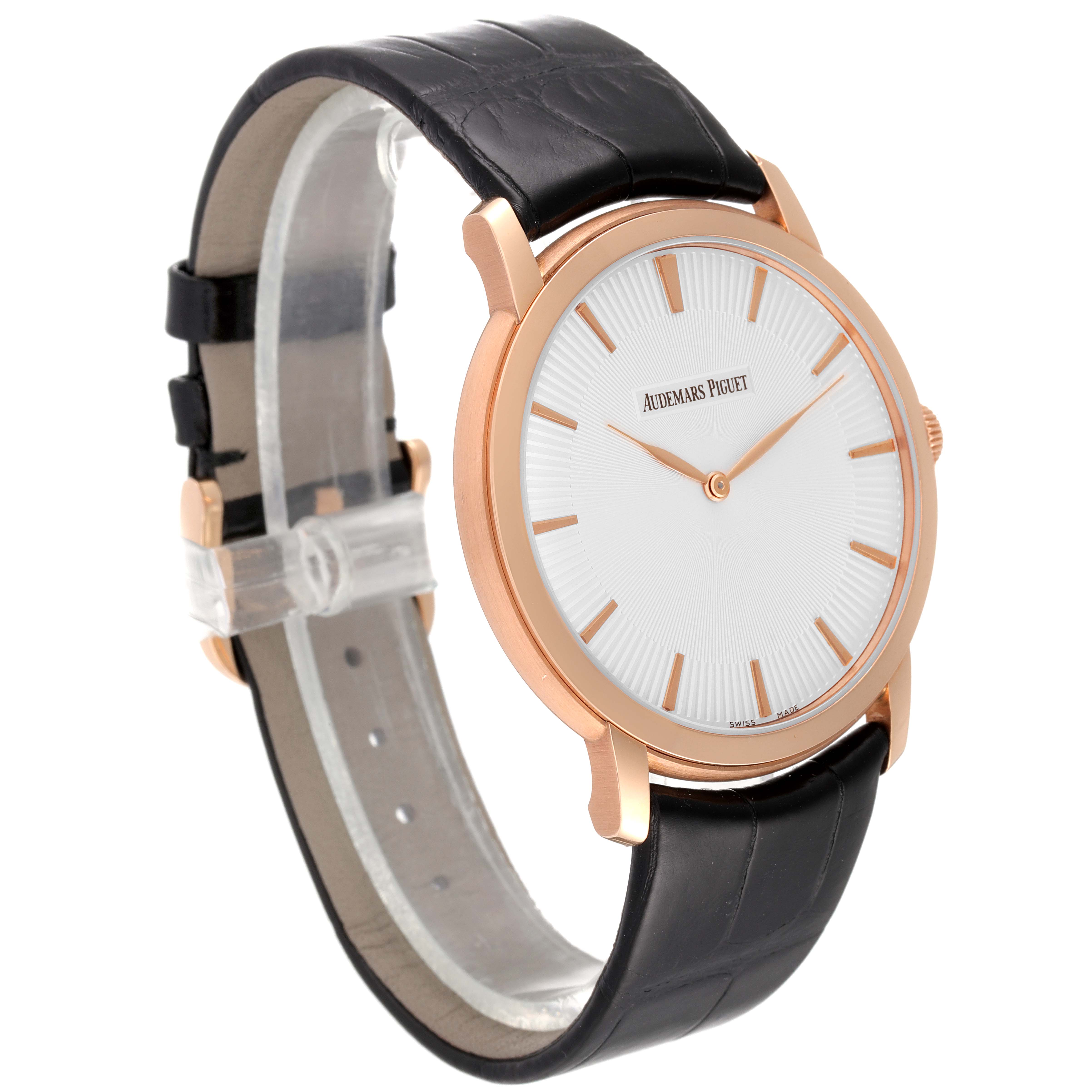 The image shows a side-front angle of the Audemars Piguet Jules 15180OR.OO.A102CR.01 Men
s Rose Gold Silver Dial 15180OR.OO.A102CR.01 Men
s Rose Gold Silver Dial watch, highlighting its face, case, and leather strap.