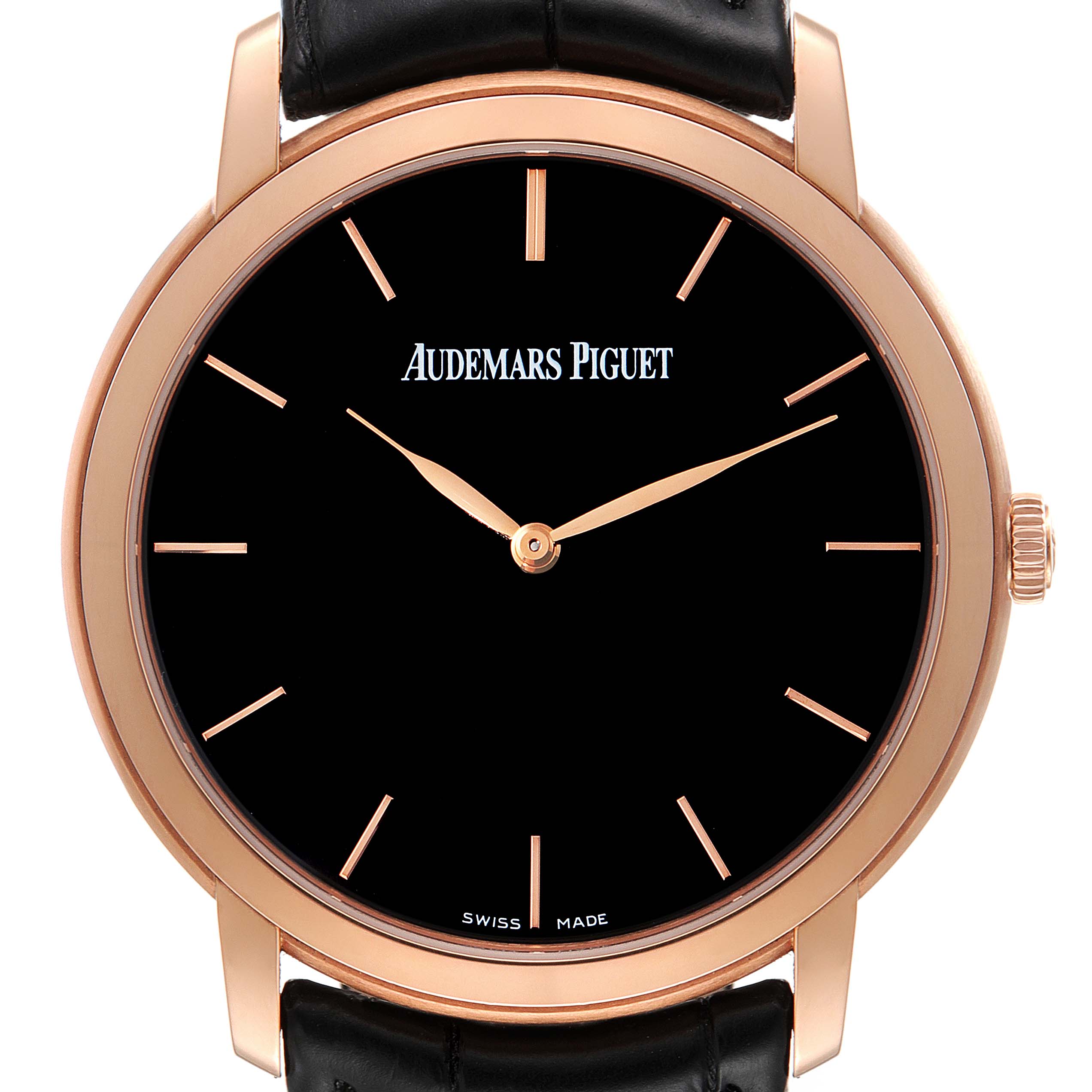 This image shows the face of the Audemars Piguet Jules 15180OR.OO.A002CR.01 Men
s Rose Gold Black Dial 15180OR.OO.A002CR.01 Men
s Rose Gold Black Dial model watch at a straight angle, highlighting its black dial and gold case.