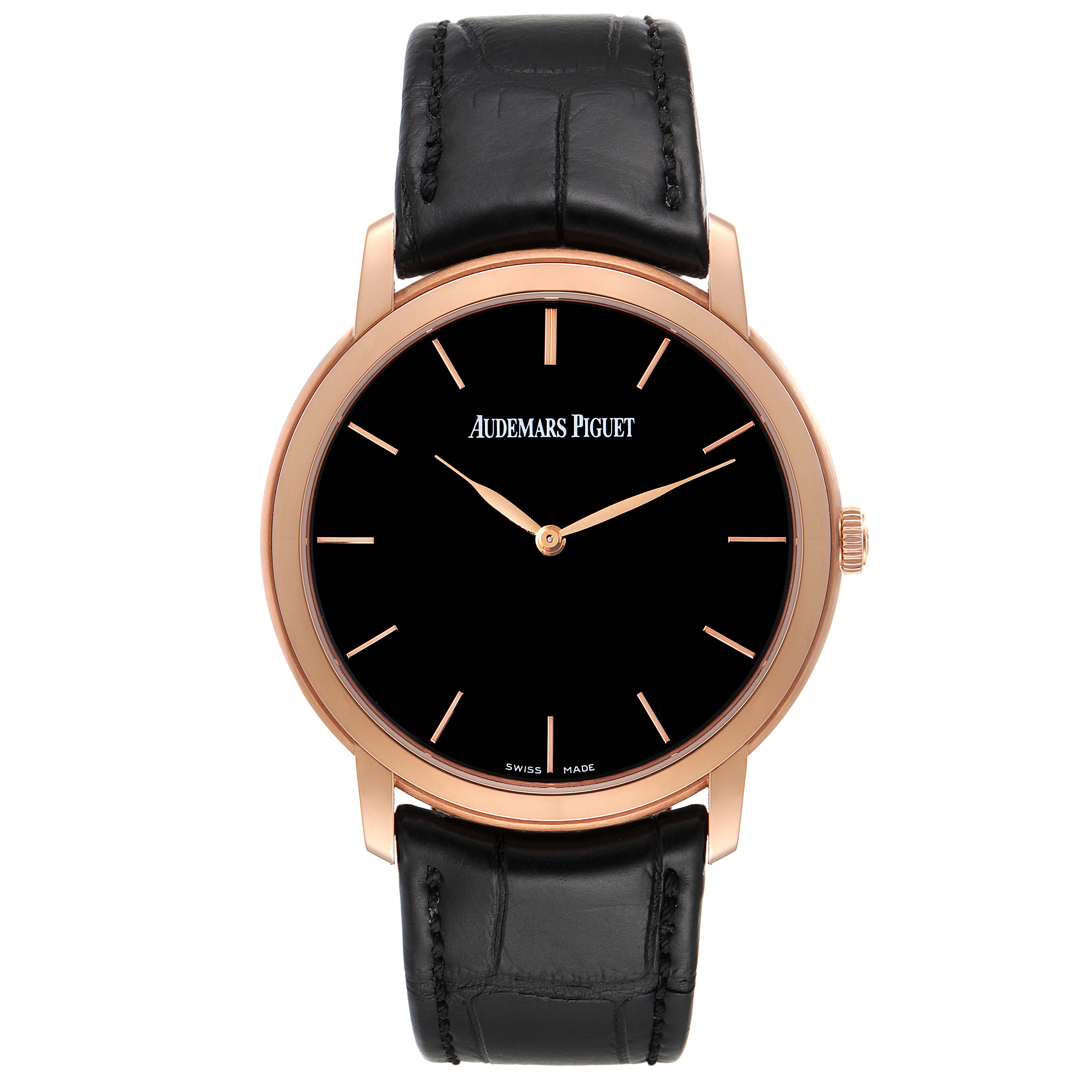 The image shows the front view of an Audemars Piguet Jules 15180OR.OO.A002CR.01 Men
s Rose Gold Black Dial 15180OR.OO.A002CR.01 Men
s Rose Gold Black Dial watch, highlighting the black dial, gold hands, and black leather strap.