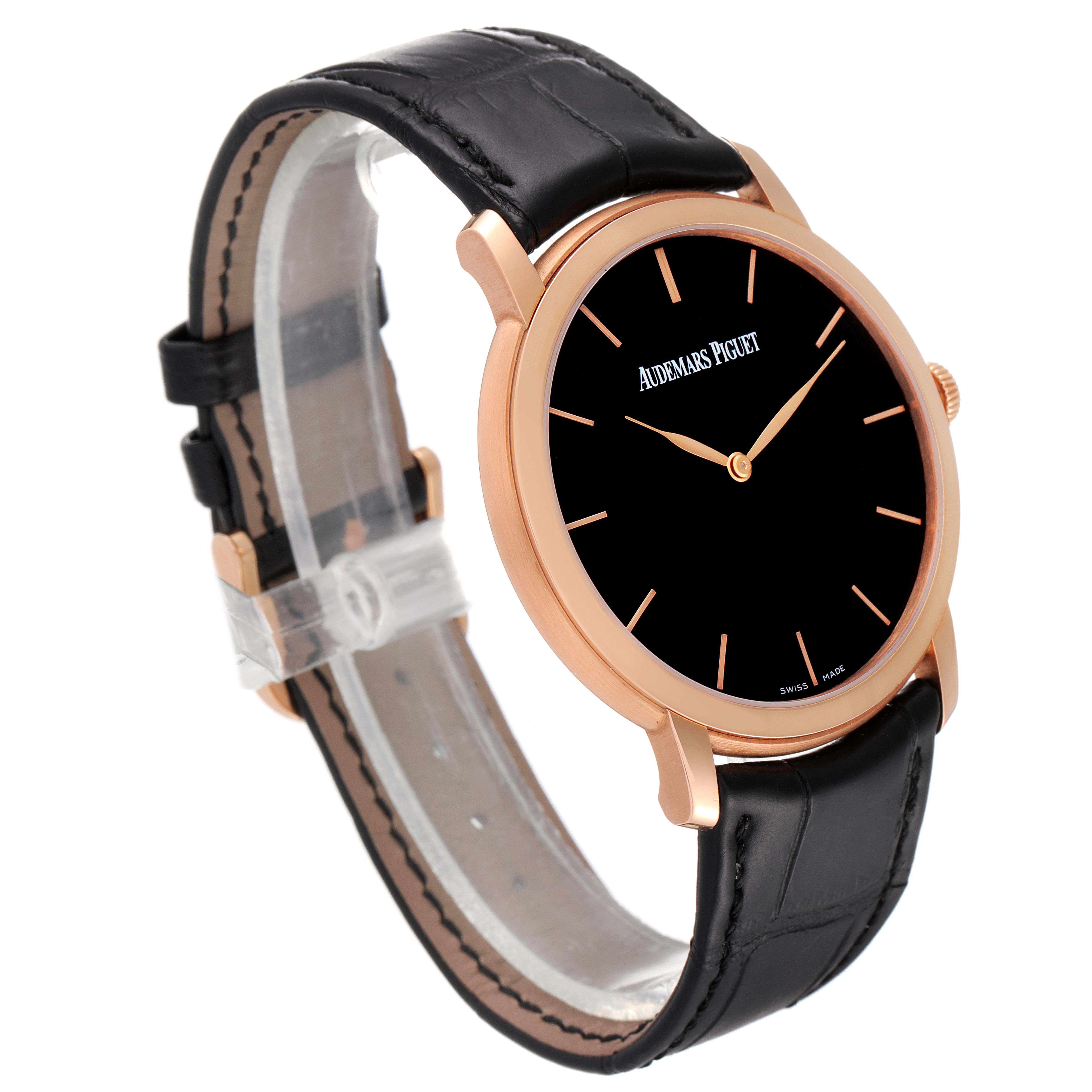 The image shows a Jules model by Audemars Piguet, angled from the front left, highlighting its black leather strap and black dial.