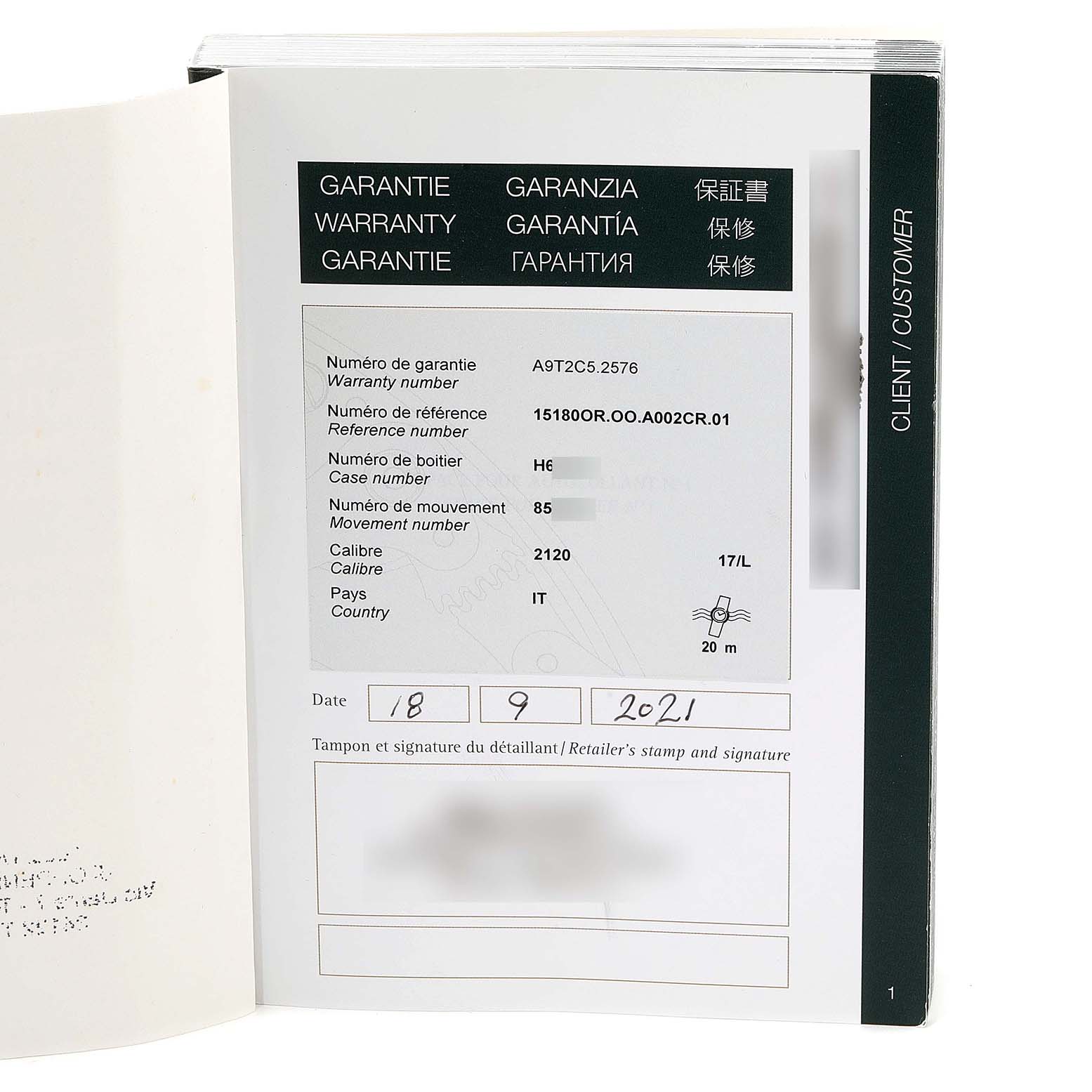 The image shows the guarantee booklet for the Jules model by Audemars Piguet, including warranty and reference details.