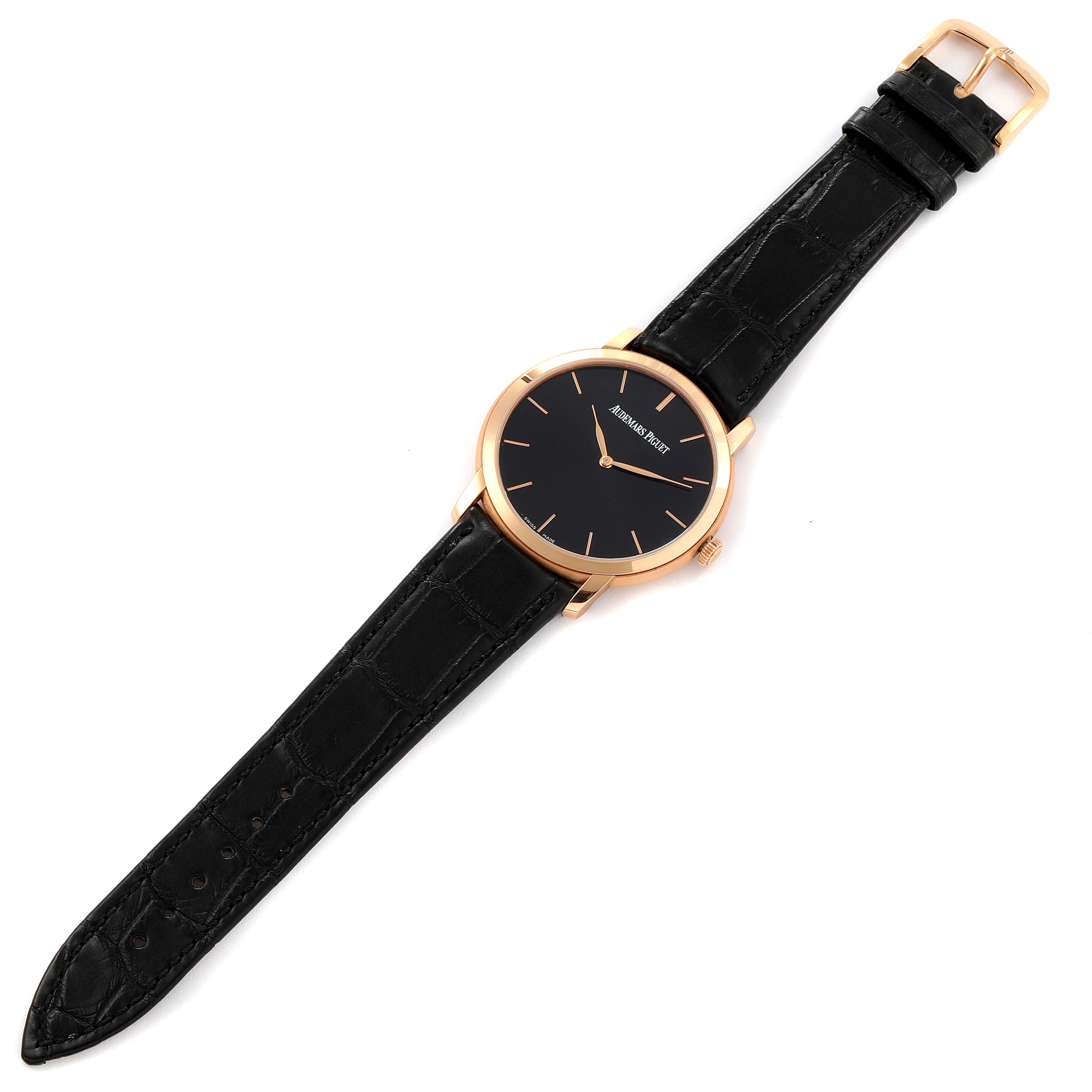 The image shows a full view of the Audemars Piguet Jules 15180OR.OO.A002CR.01 Men
s Rose Gold Black Dial 15180OR.OO.A002CR.01 Men
s Rose Gold Black Dial model watch, featuring its black leather strap and gold-tone case with a black dial.