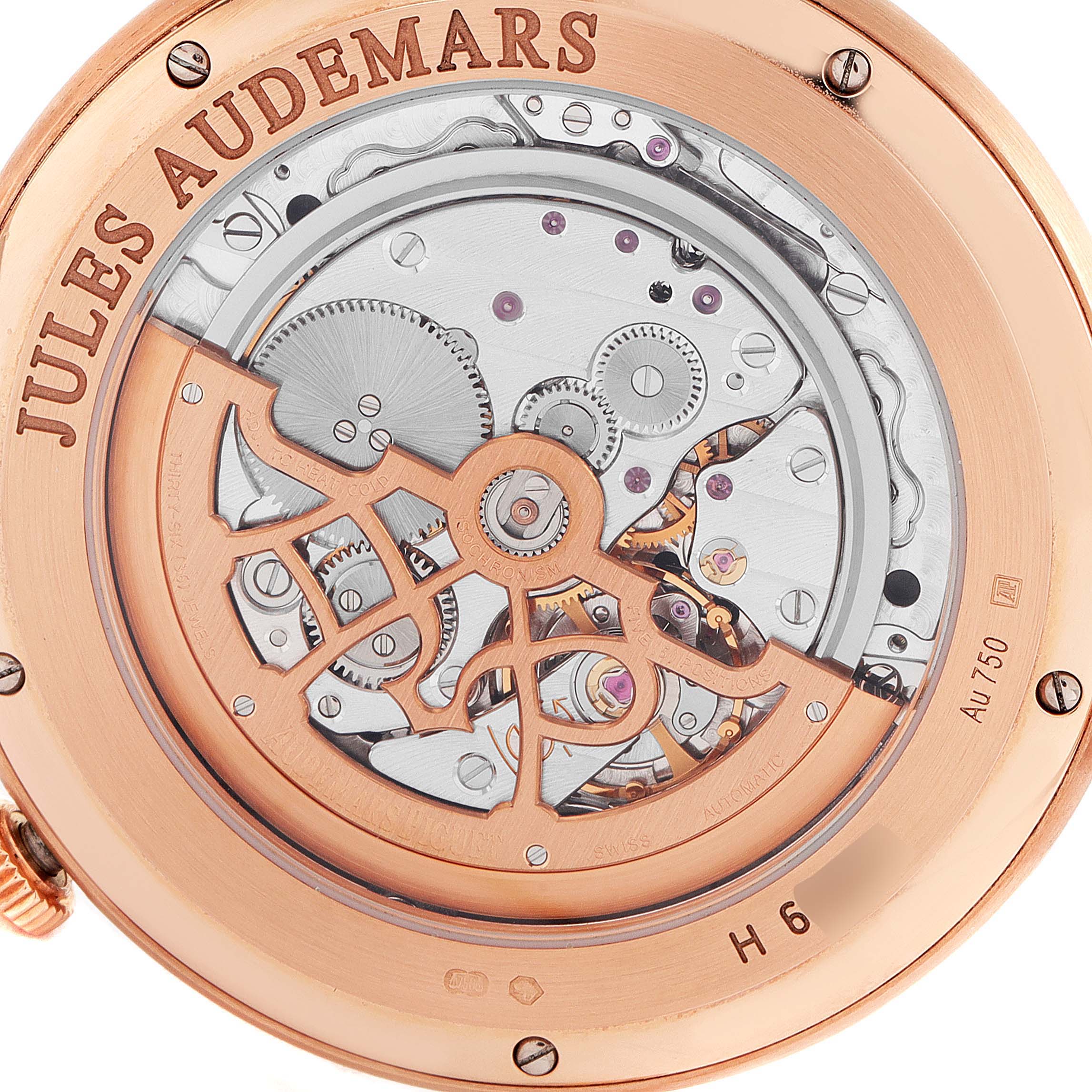 The image shows the back view of the Audemars Piguet Jules 15180OR.OO.A002CR.01 Men
s Rose Gold Black Dial 15180OR.OO.A002CR.01 Men
s Rose Gold Black Dial model, revealing the intricate internal mechanisms.