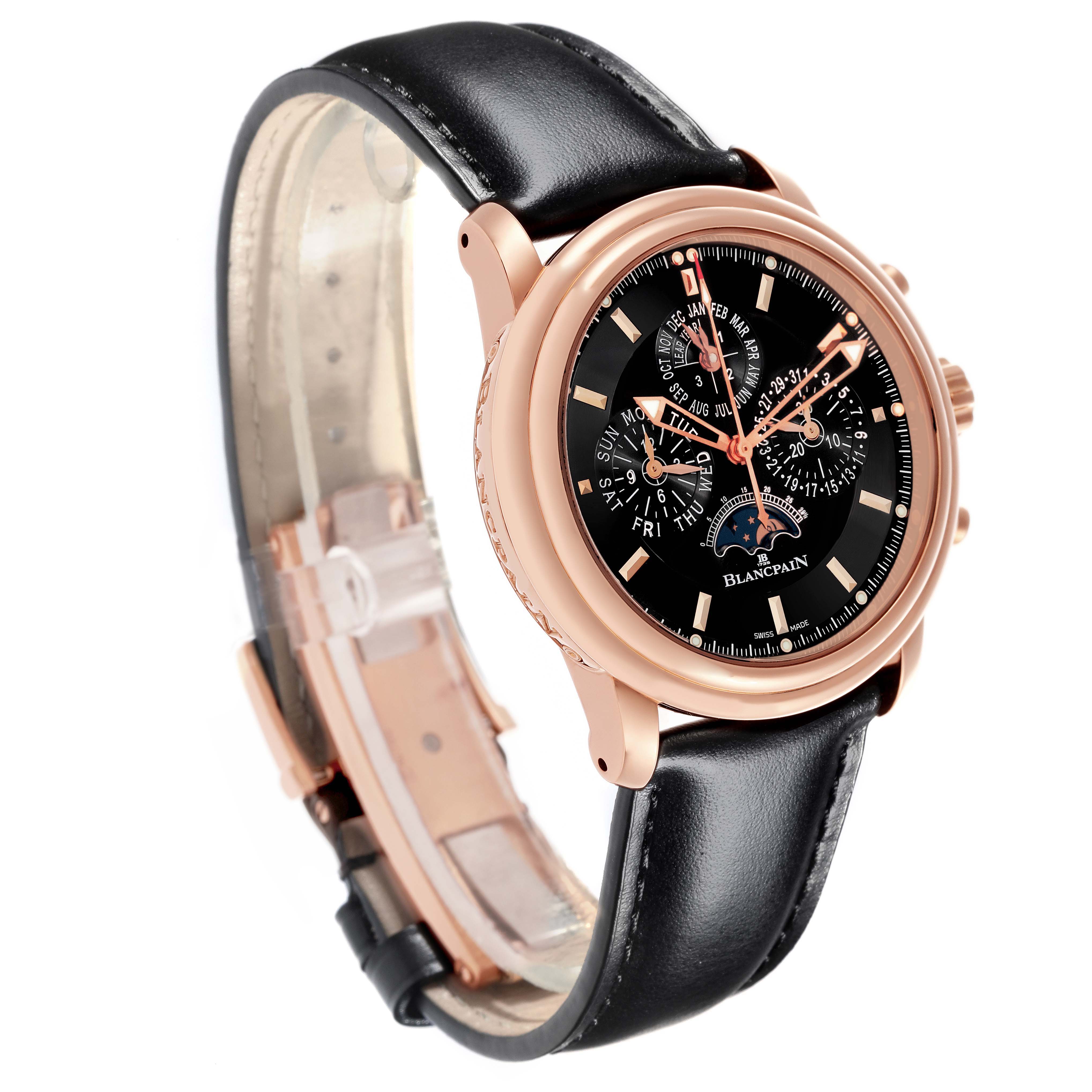 The Blancpain Villeret 2685F-3630-53B Men's Rose Gold Black Dial 2685F-3630-53B Men's Rose Gold Black Dial watch is shown from a three-quarter angle, highlighting the dial, bezel, and leather strap.