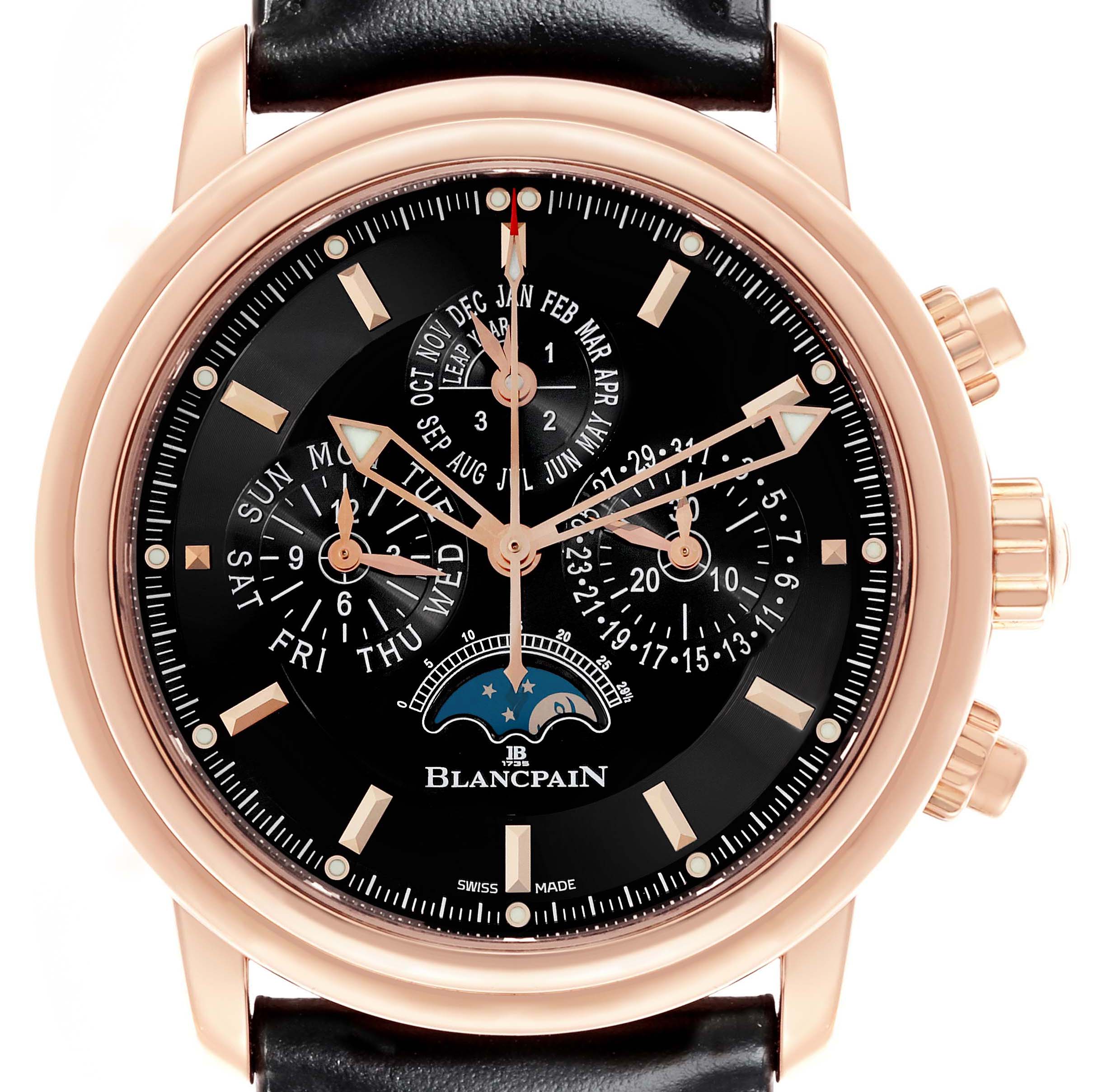 The Blancpain Villeret 2685F-3630-53B Men's Rose Gold Black Dial 2685F-3630-53B Men's Rose Gold Black Dial watch is shown from the front, displaying its face, subdials, and pushers on the side.