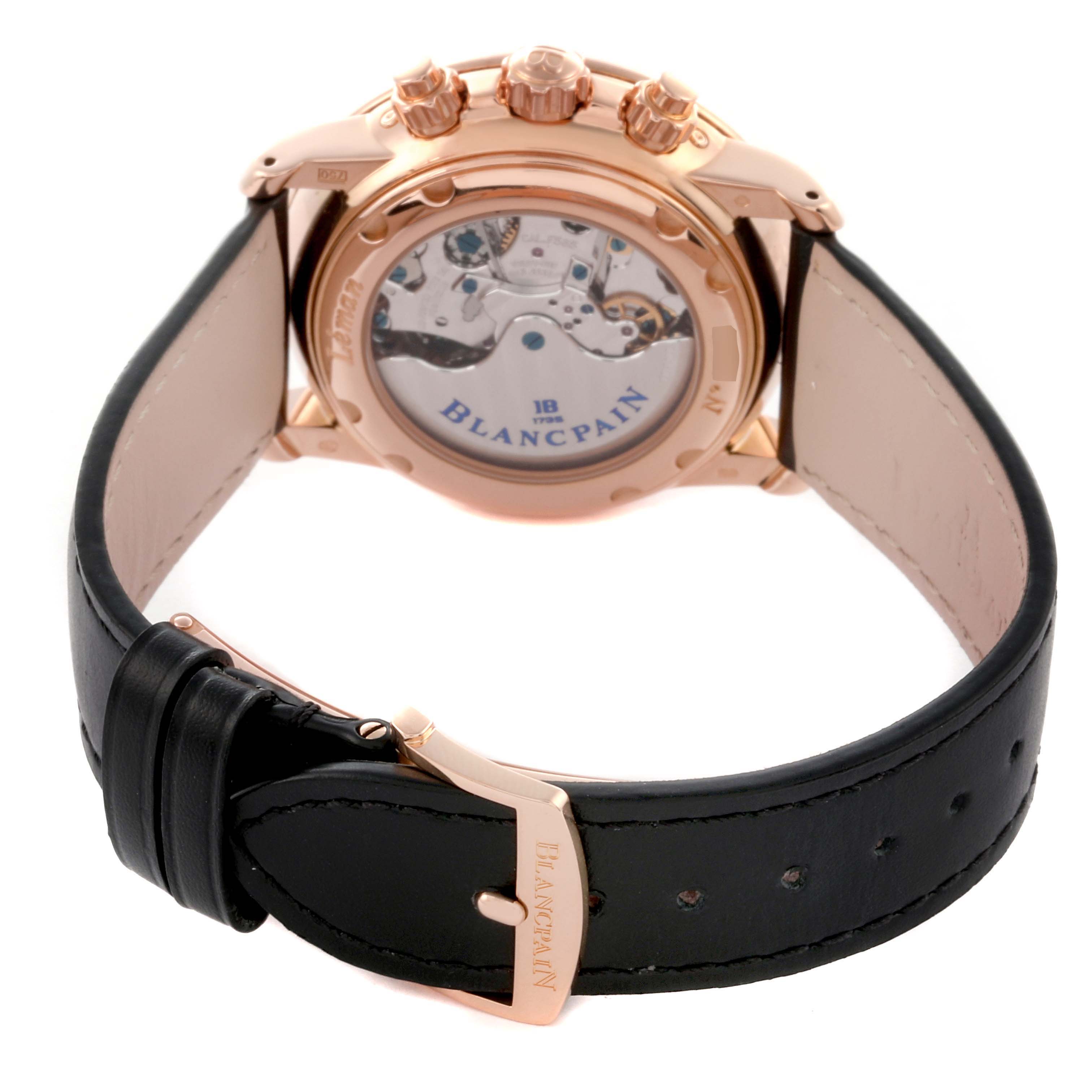 The image shows the Blancpain Villeret 2685F-3630-53B Men's Rose Gold Black Dial 2685F-3630-53B Men's Rose Gold Black Dial watch from the back, highlighting the caseback and leather strap with a branded buckle.