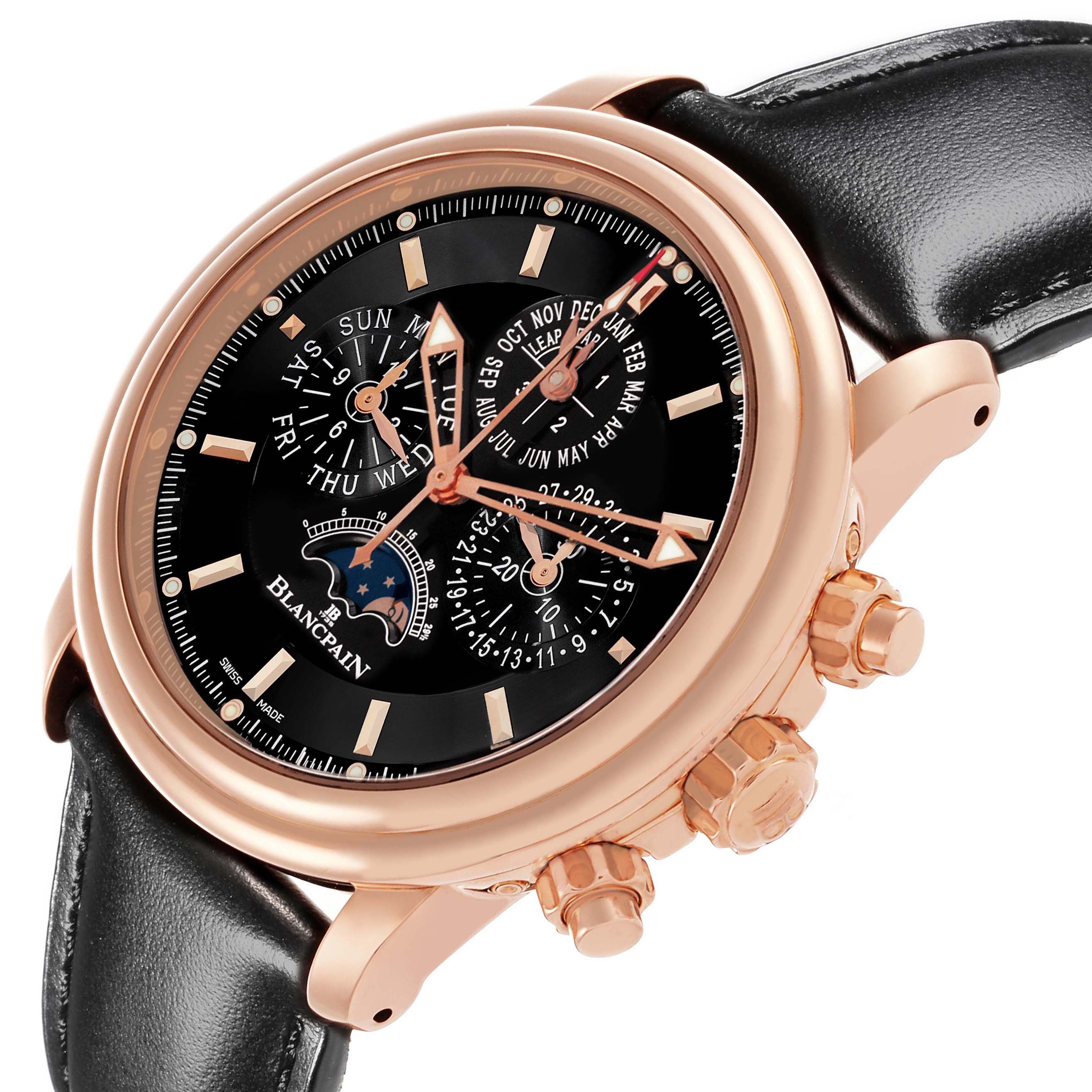 The Blancpain Villeret 2685F-3630-53B Men's Rose Gold Black Dial 2685F-3630-53B Men's Rose Gold Black Dial watch is shown from an angled side view, highlighting the dial, subdials, crown, and part of the strap.