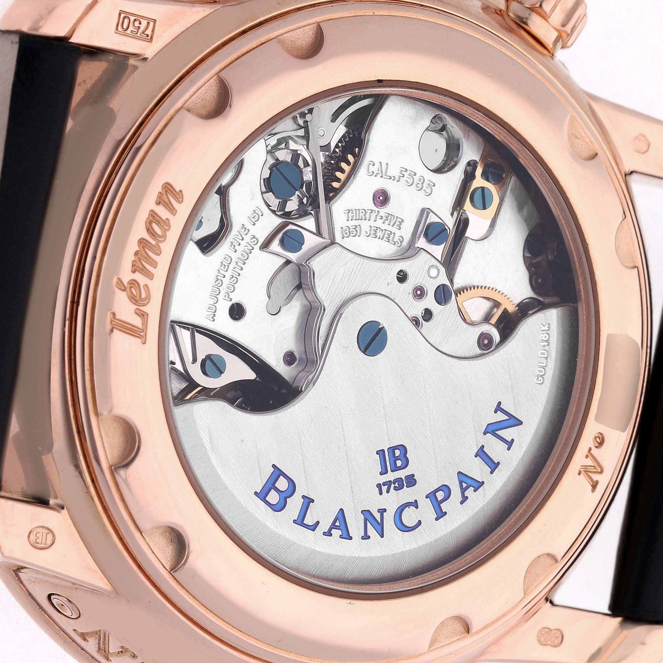 The image shows the case back of the Blancpain Villeret 2685F-3630-53B Men's Rose Gold Black Dial 2685F-3630-53B Men's Rose Gold Black Dial watch, revealing the intricate movement and engravings.