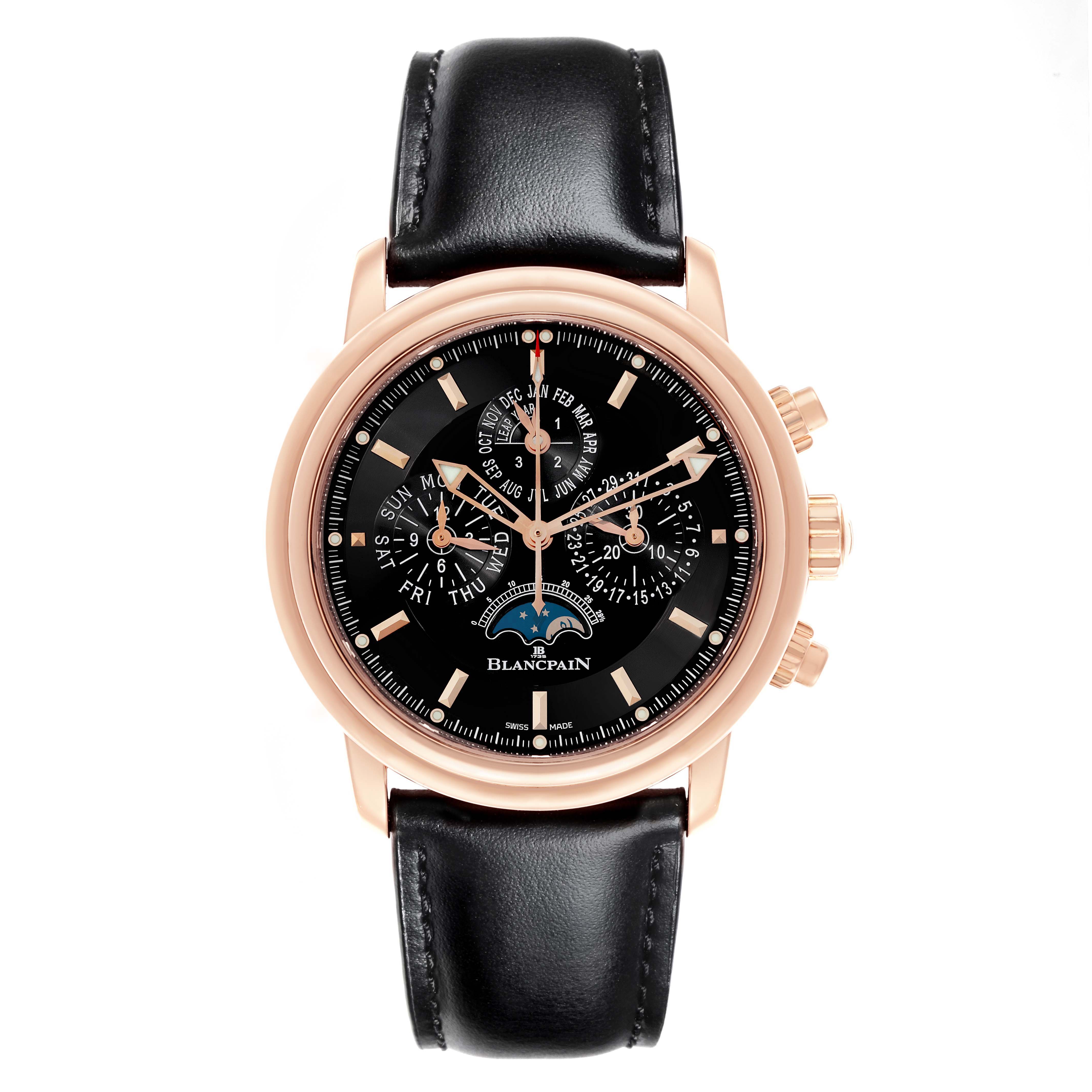 The Blancpain Villeret 2685F-3630-53B Men's Rose Gold Black Dial 2685F-3630-53B Men's Rose Gold Black Dial watch is shown from the front, highlighting the dial, case, and leather strap.