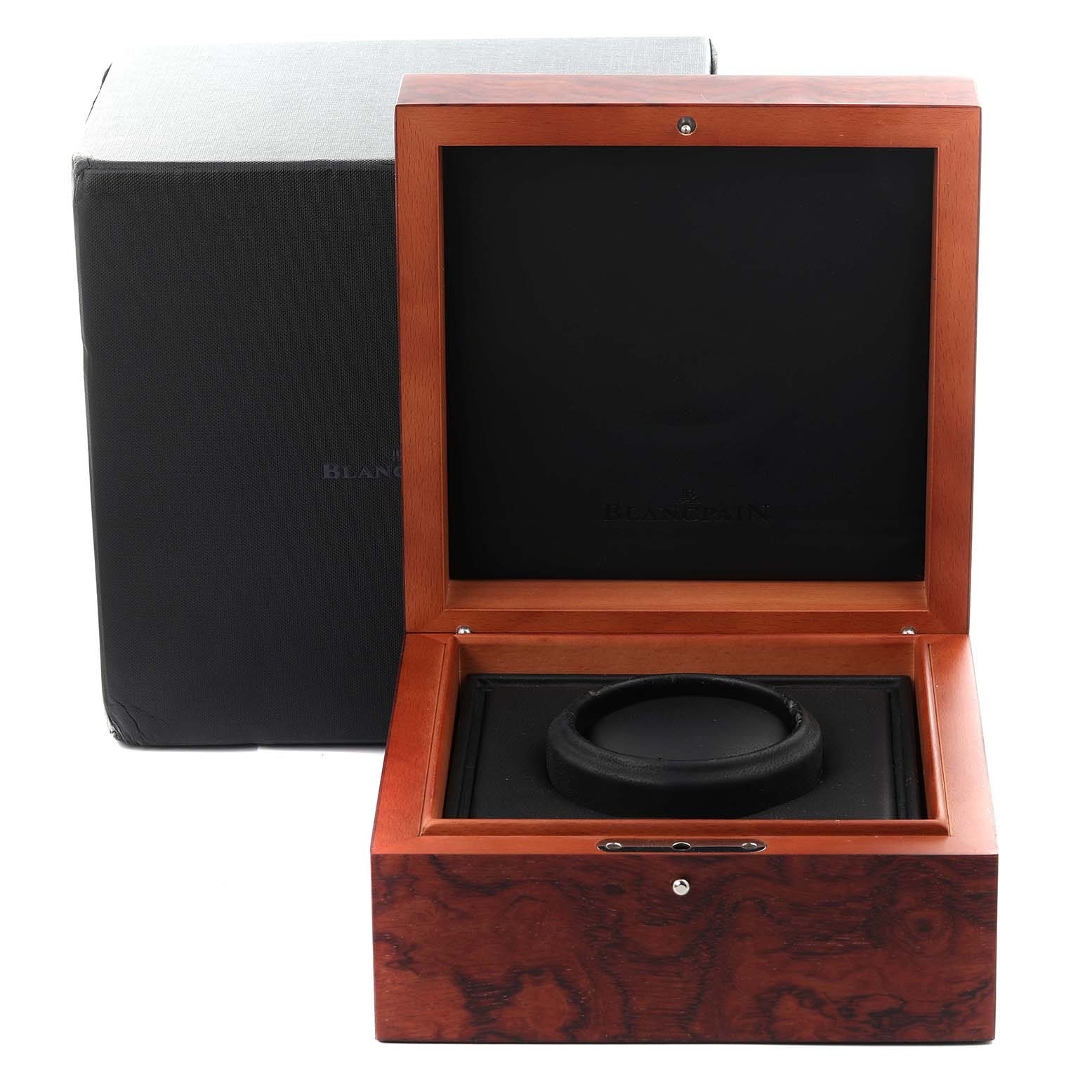 The image shows a wooden case for a Blancpain Villeret 2685F-3630-53B Men's Rose Gold Black Dial 2685F-3630-53B Men's Rose Gold Black Dial watch, viewed from the front with its lid open.