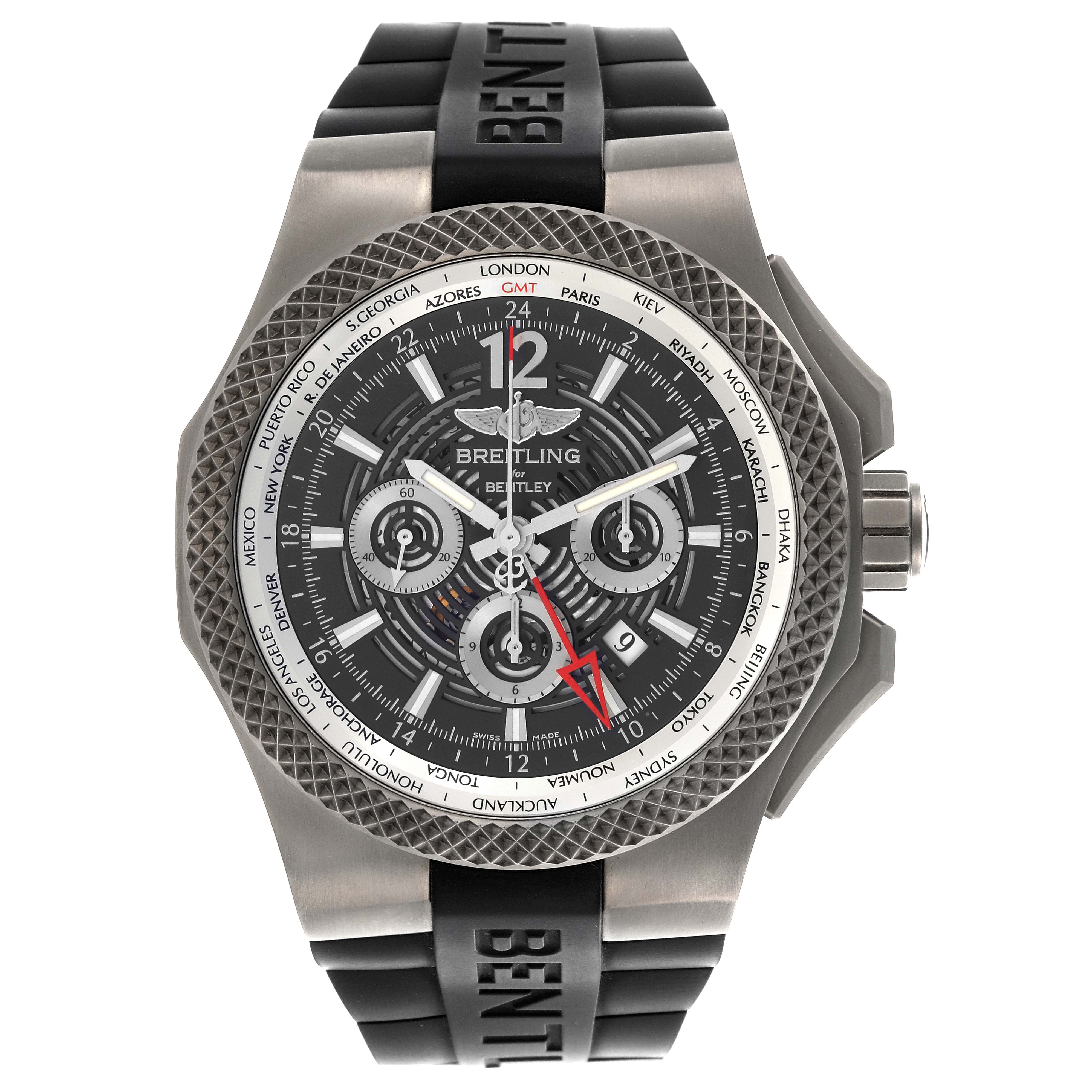 The angle shows a front view of the Breitling Bentley EB0432 Men's Titanium Transparent Dial EB0432 Men's Titanium Transparent Dial watch, highlighting the dial, bezel, and rubber strap with "Bentley" branding.