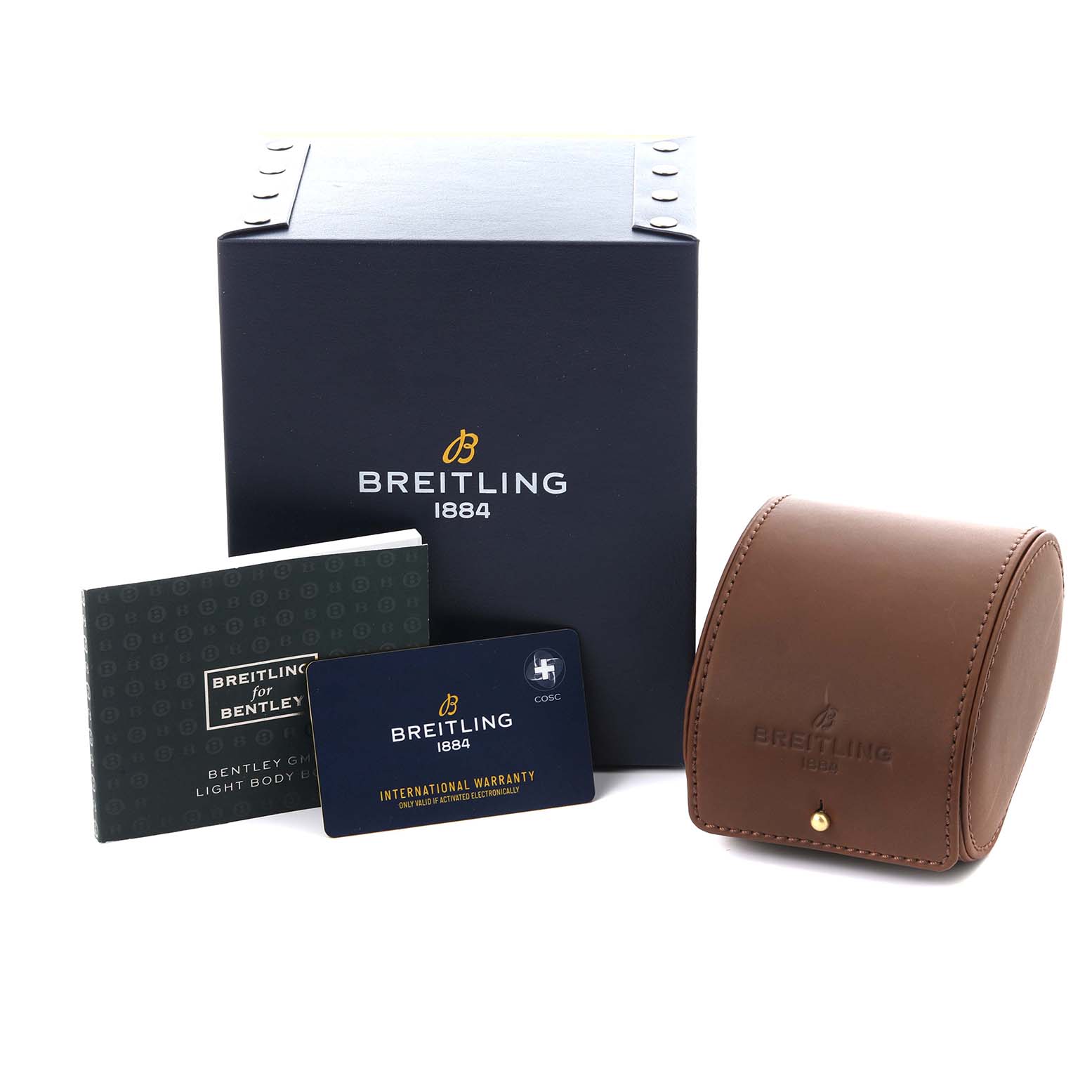 The image shows the Breitling Bentley EB0432 Men's Titanium Transparent Dial EB0432 Men's Titanium Transparent Dial watch packaging, including a box, leather case, booklet, and warranty card.