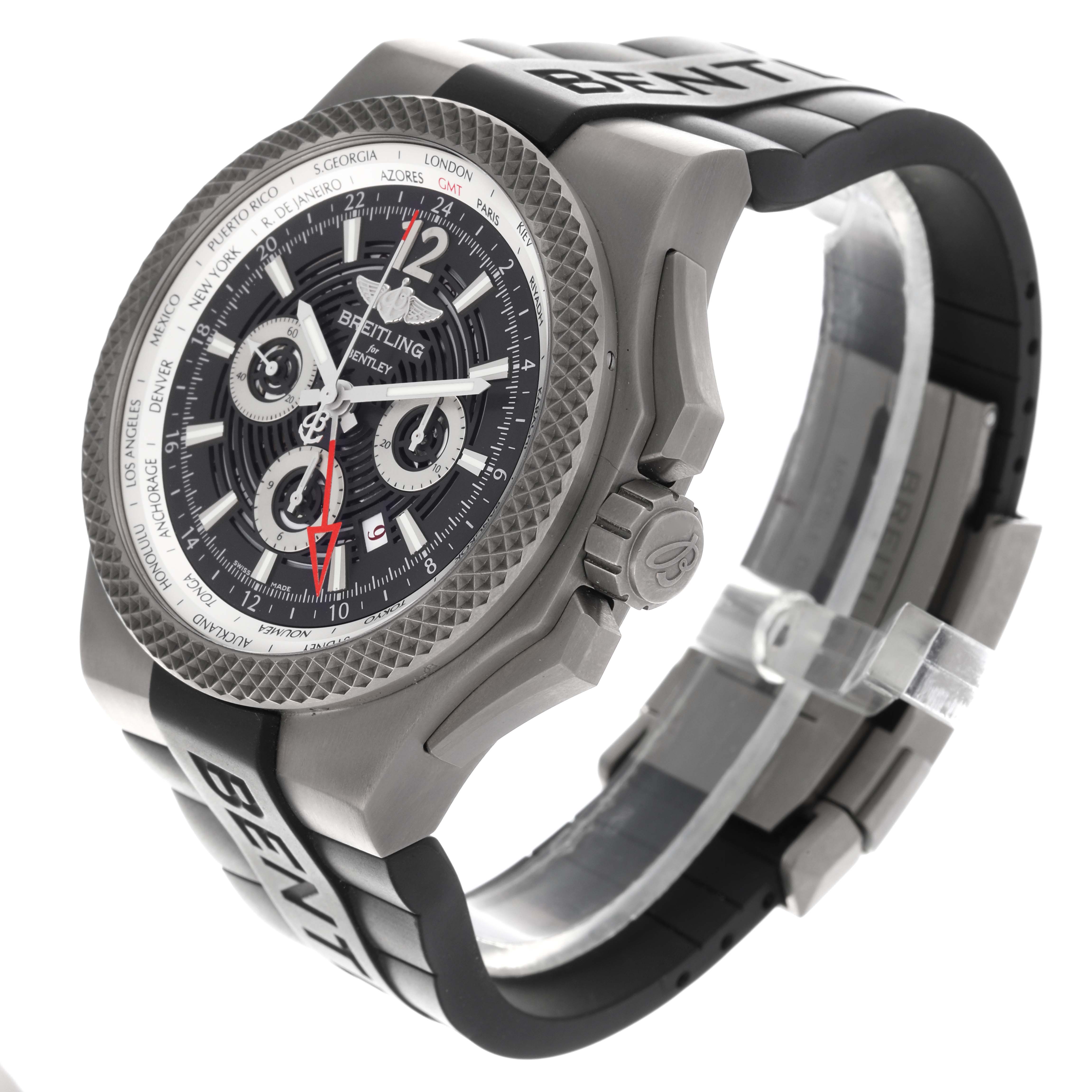 The Breitling Bentley EB0432 Men's Titanium Transparent Dial EB0432 Men's Titanium Transparent Dial watch is shown at a three-quarter angle, featuring the face, bezel, and rubber strap.