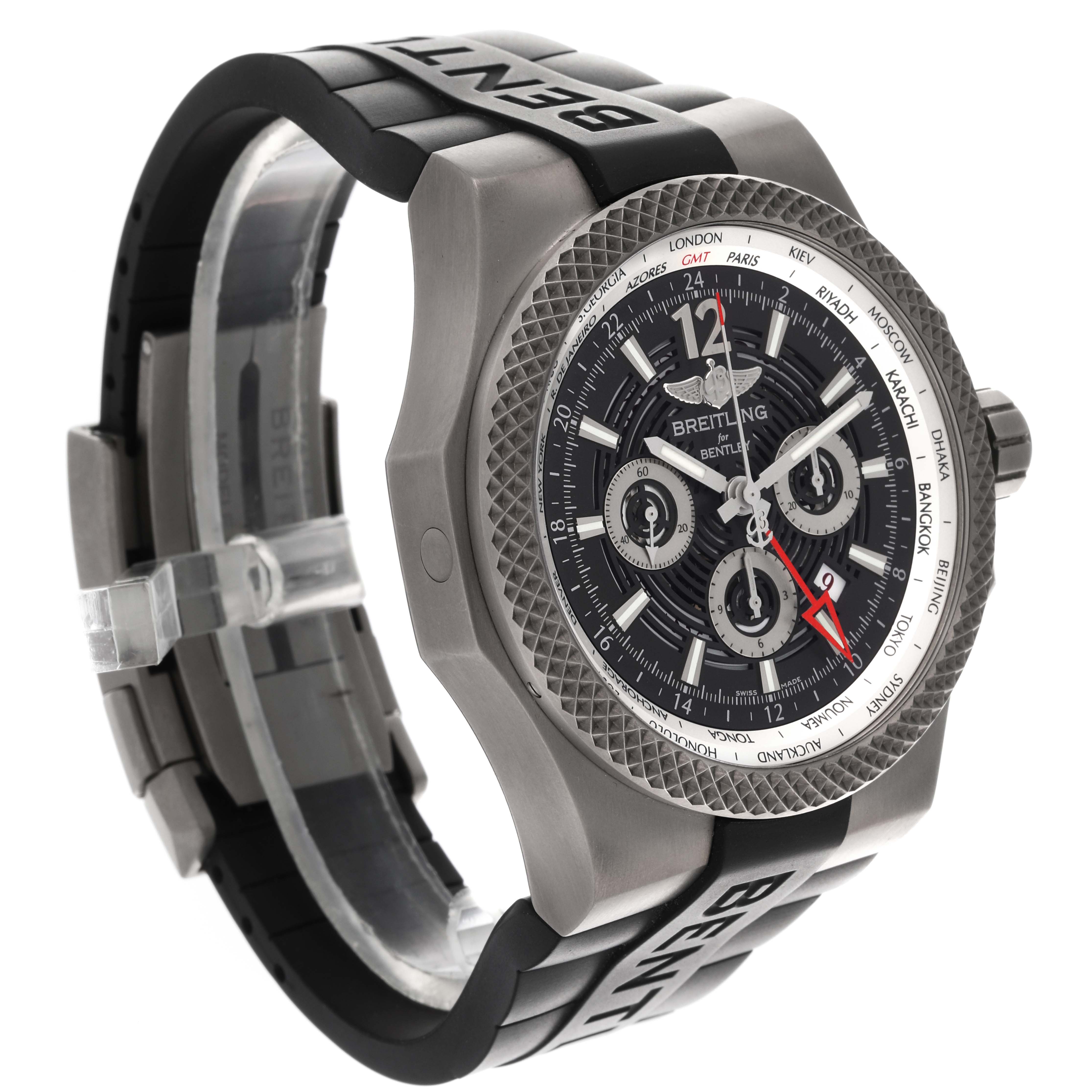 The Breitling Bentley EB0432 Men's Titanium Transparent Dial EB0432 Men's Titanium Transparent Dial watch is shown at a three-quarter angle, highlighting the face, bezel, crown, and strap.