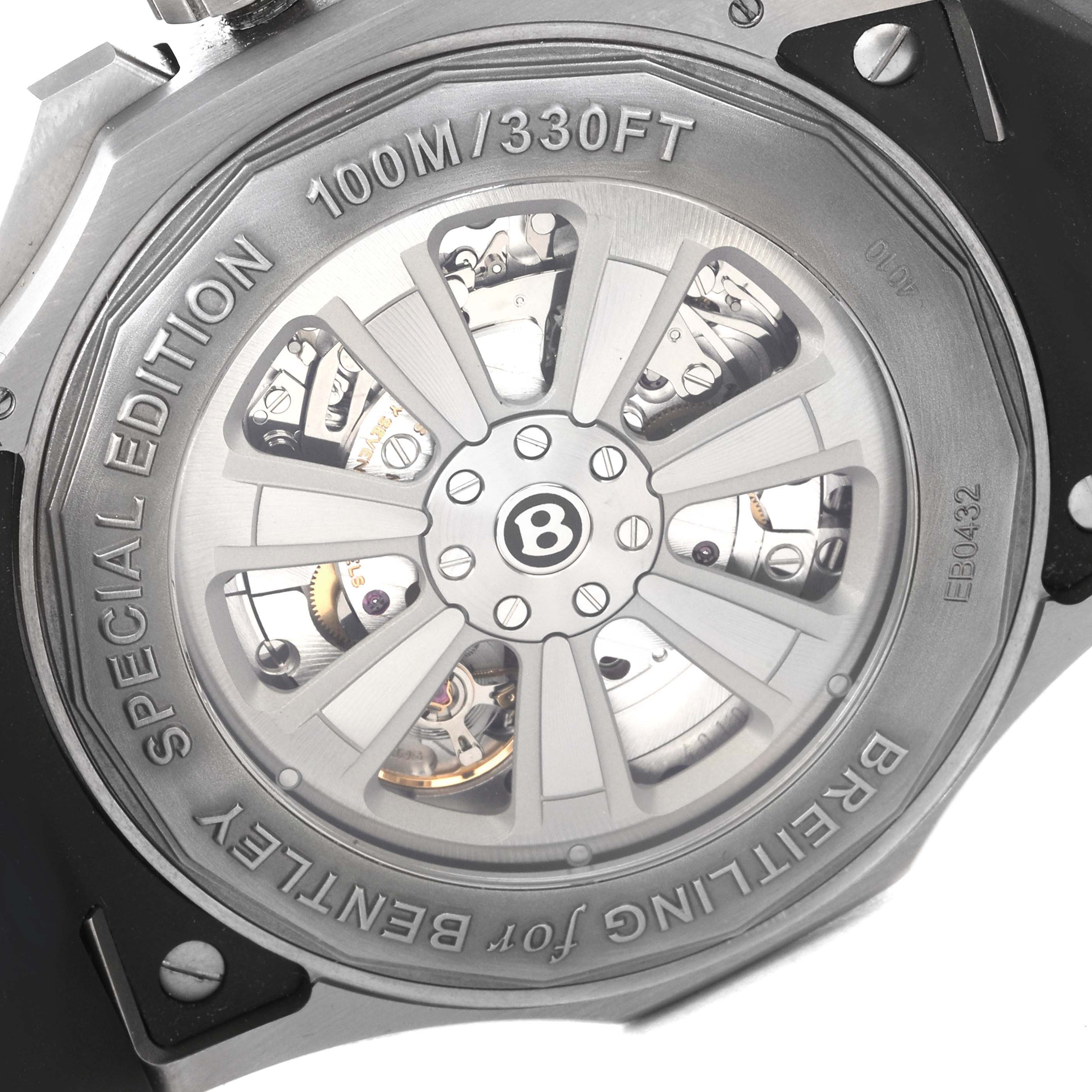 The image shows the back view of the Breitling for Bentley watch, highlighting the special edition engraving and movement.