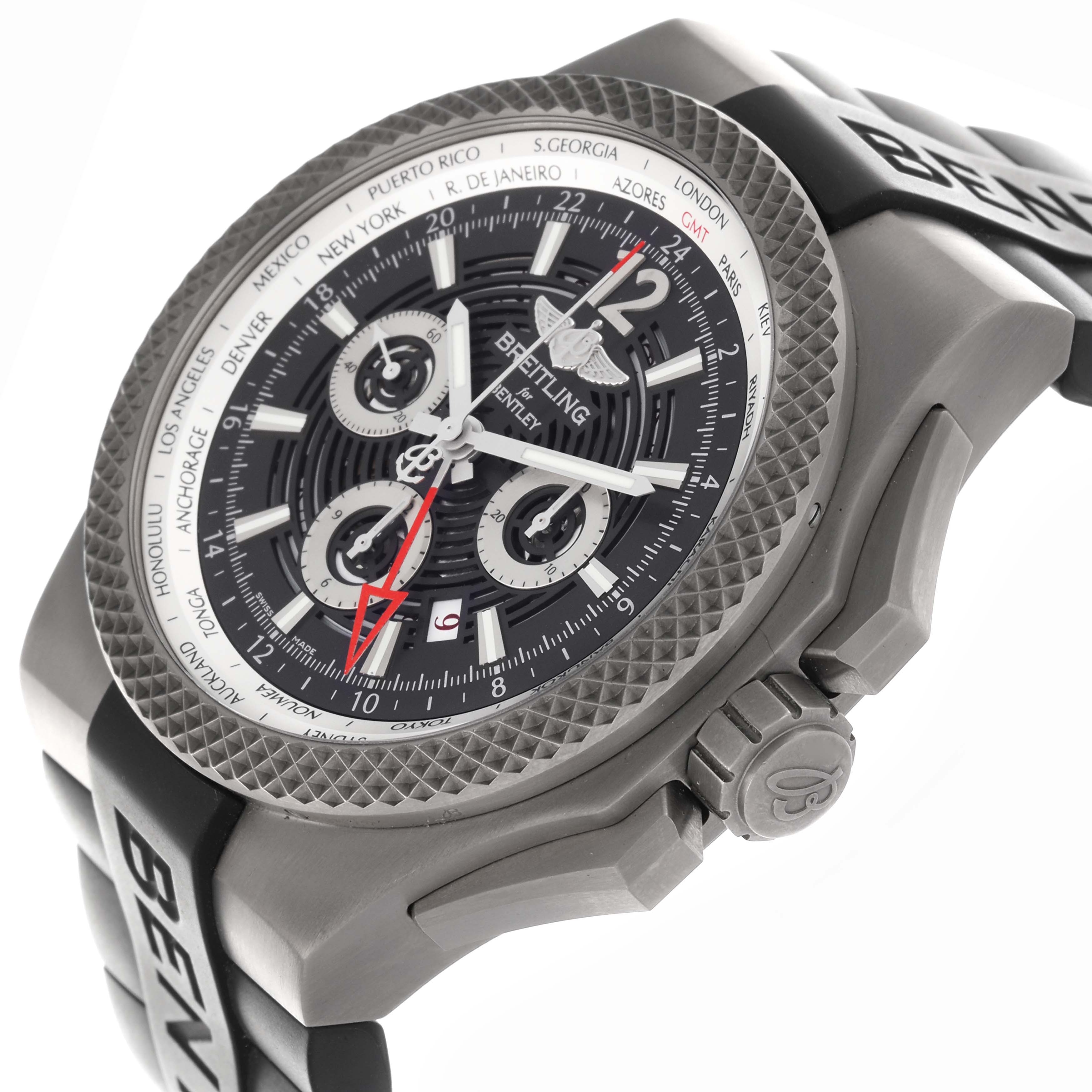 The Breitling Bentley EB0432 Men's Titanium Transparent Dial EB0432 Men's Titanium Transparent Dial watch is shown from a side angle, highlighting the bezel, crown, and black strap.