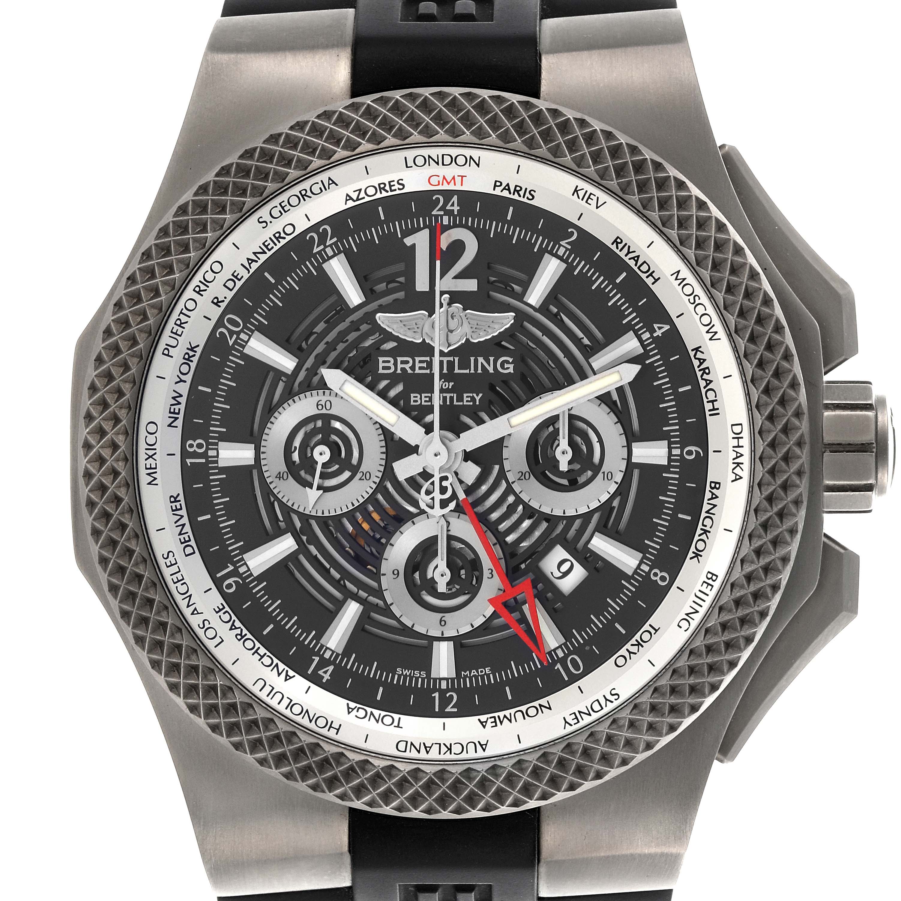 The Breitling Bentley EB0432 Men's Titanium Transparent Dial EB0432 Men's Titanium Transparent Dial watch face is shown, highlighting the bezel, dials, and city markings.