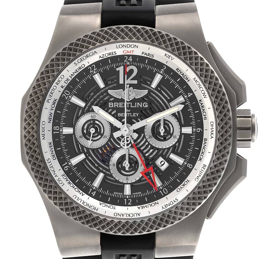 The Breitling Bentley watch face is shown, highlighting the bezel, dials, and city markings.