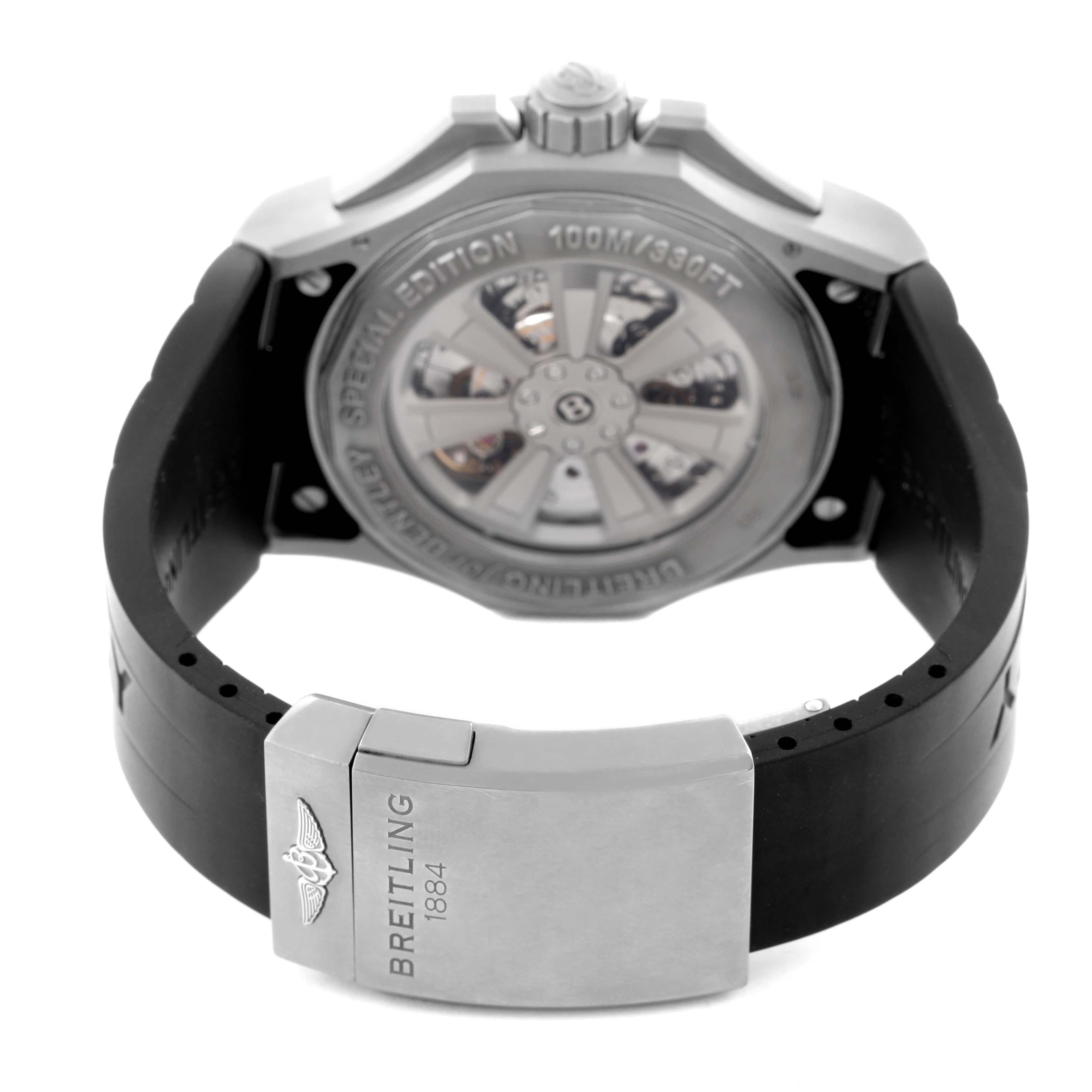 The image shows the back view of a Breitling Bentley EB0432 Men's Titanium Transparent Dial EB0432 Men's Titanium Transparent Dial watch with a focus on the case back and clasp.