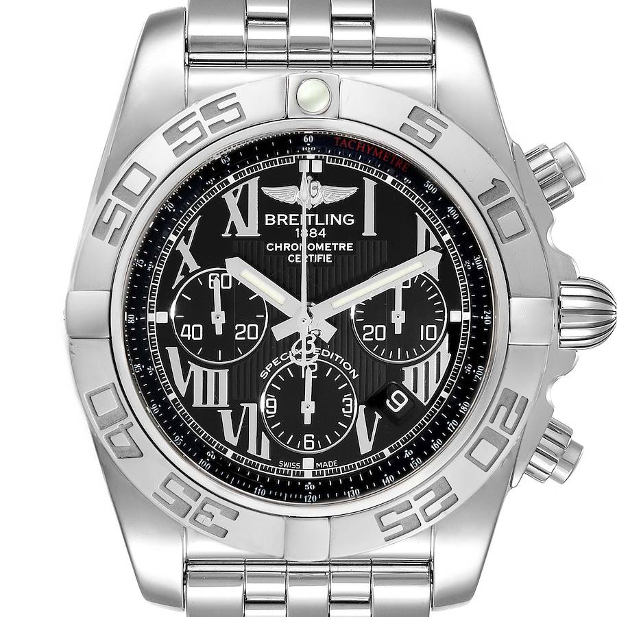 Breitling Chronomat 01 Black Dial Chronograph Steel Watch AB0110 Box Papers SwissWatchExpo