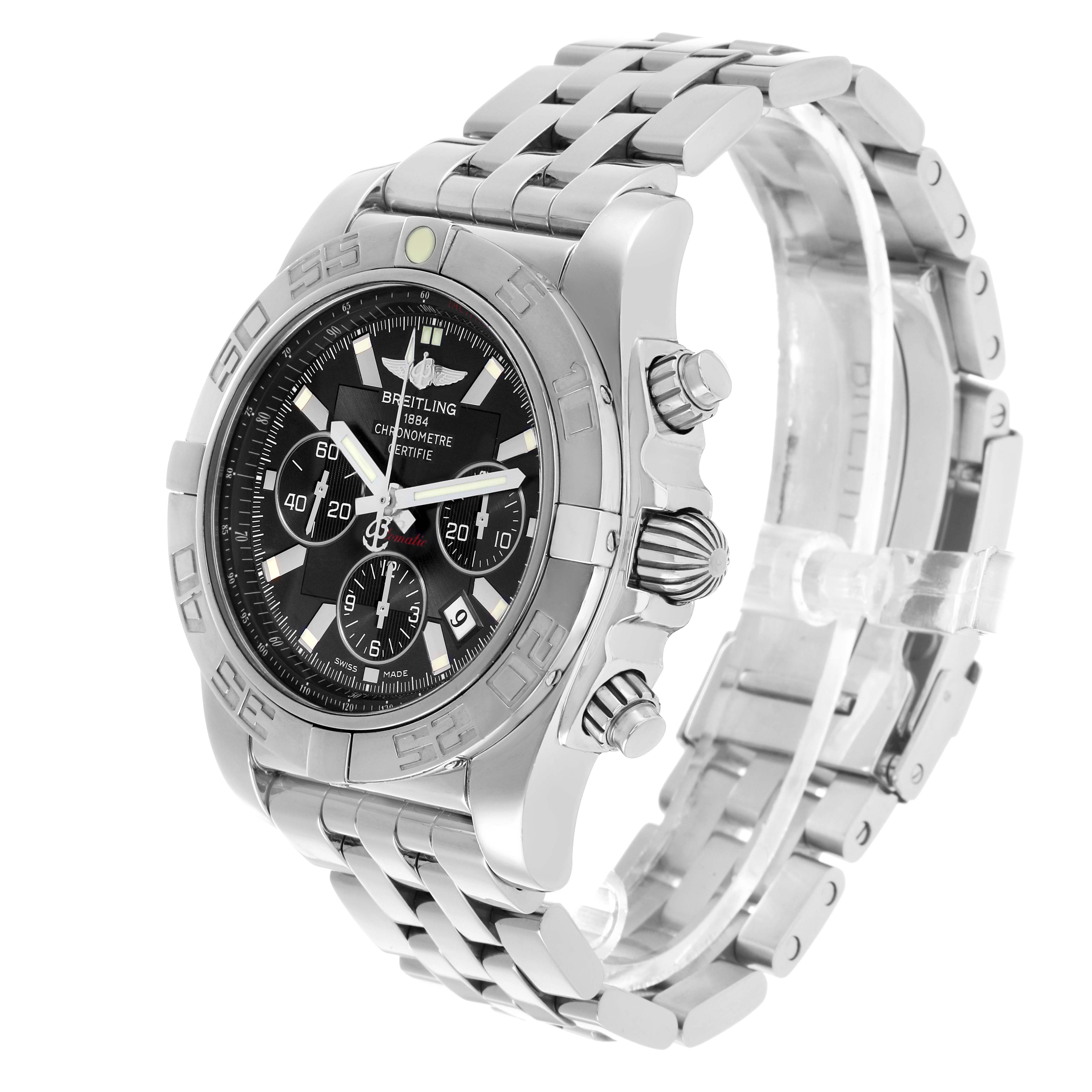 The Breitling Chronomat AB0110 Men's Stainless Steel Black Dial watch is shown at a three-quarter angle, displaying the face, bezel, and metal bracelet.