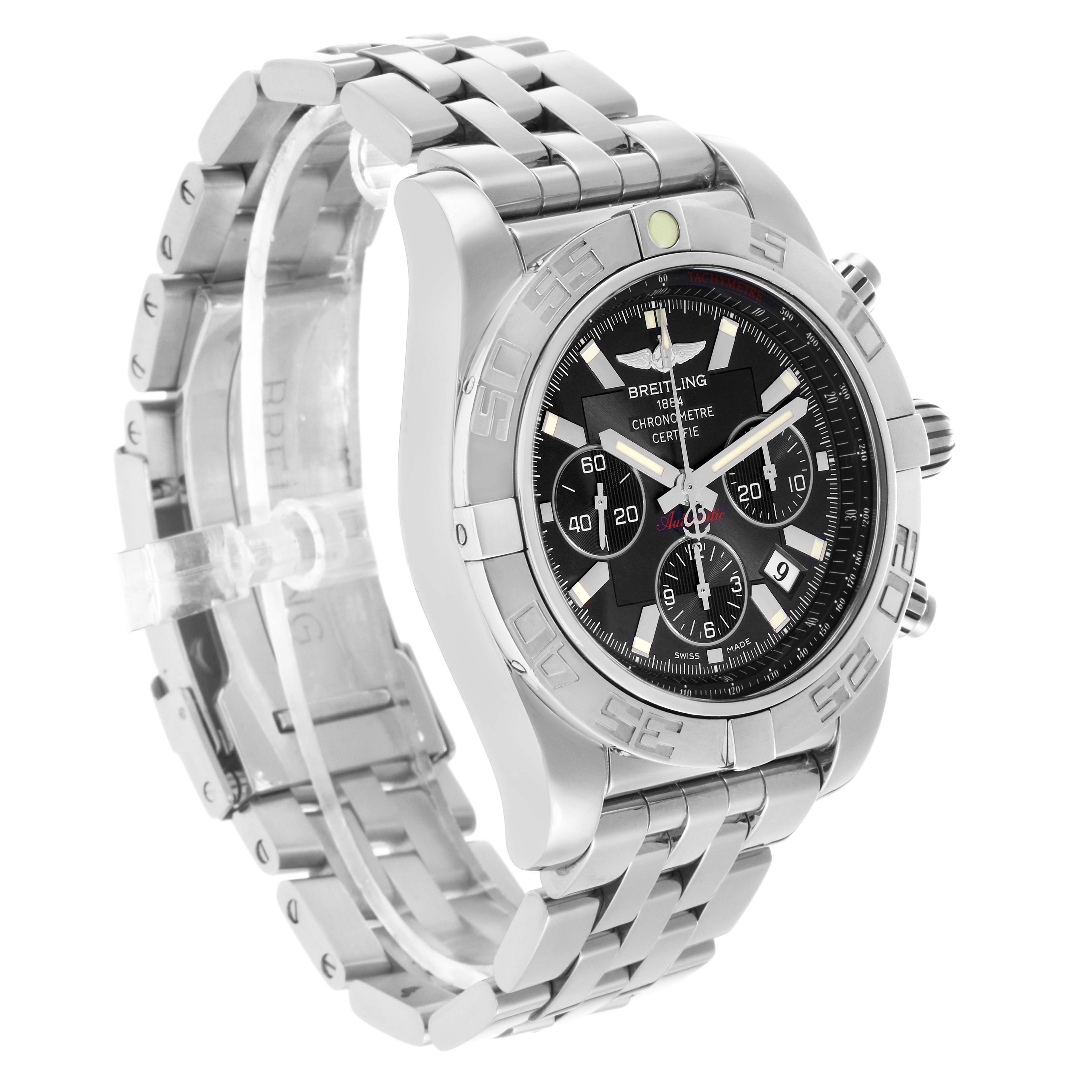 The Breitling Chronomat AB0110 Men's Stainless Steel Black Dial watch is shown at an angled front view displaying the dial, bezel, pushers, and metal bracelet.