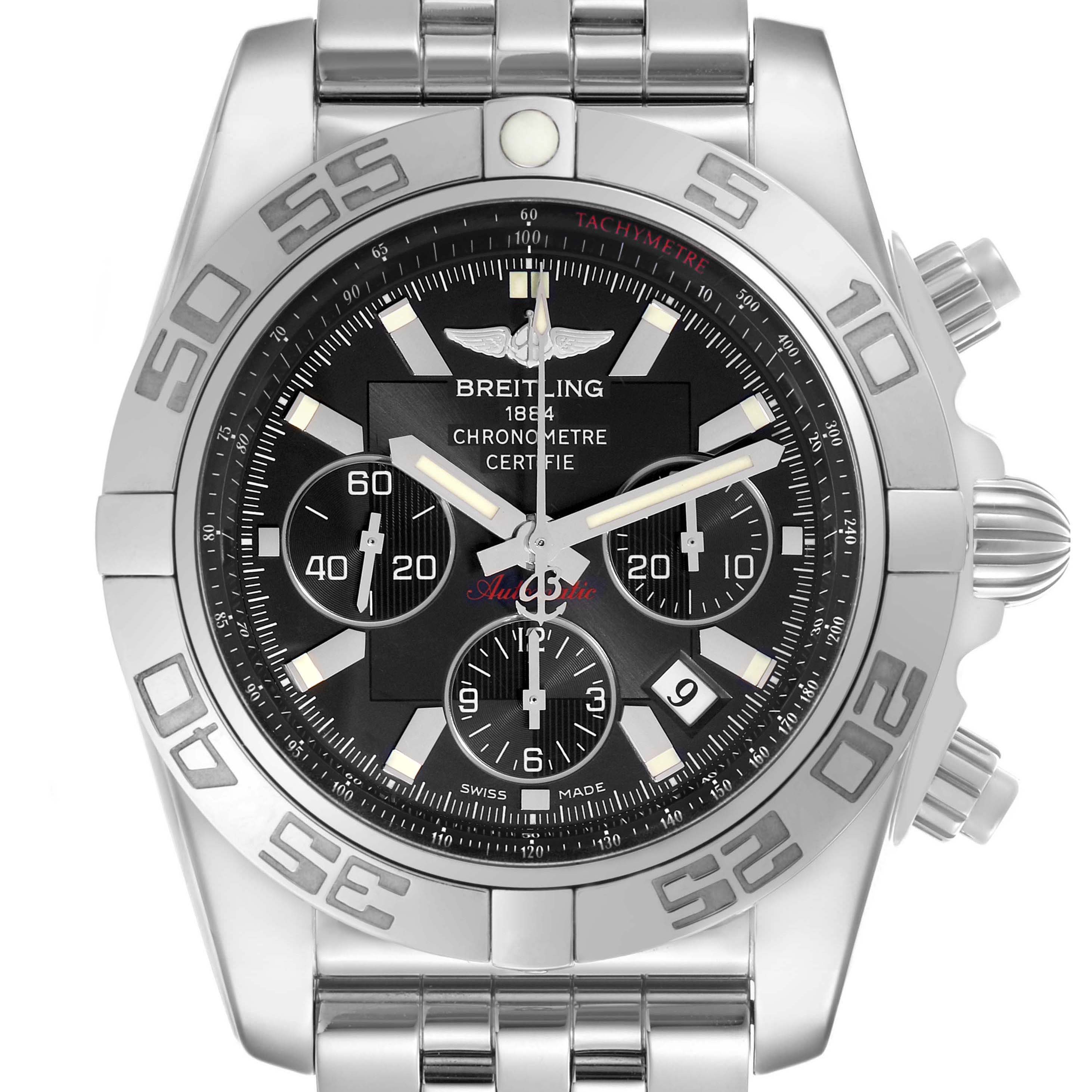 The Breitling Chronomat AB0110 Men's Stainless Steel Black Dial watch is shown from a front angle, highlighting the dial, bezel, and bracelet.