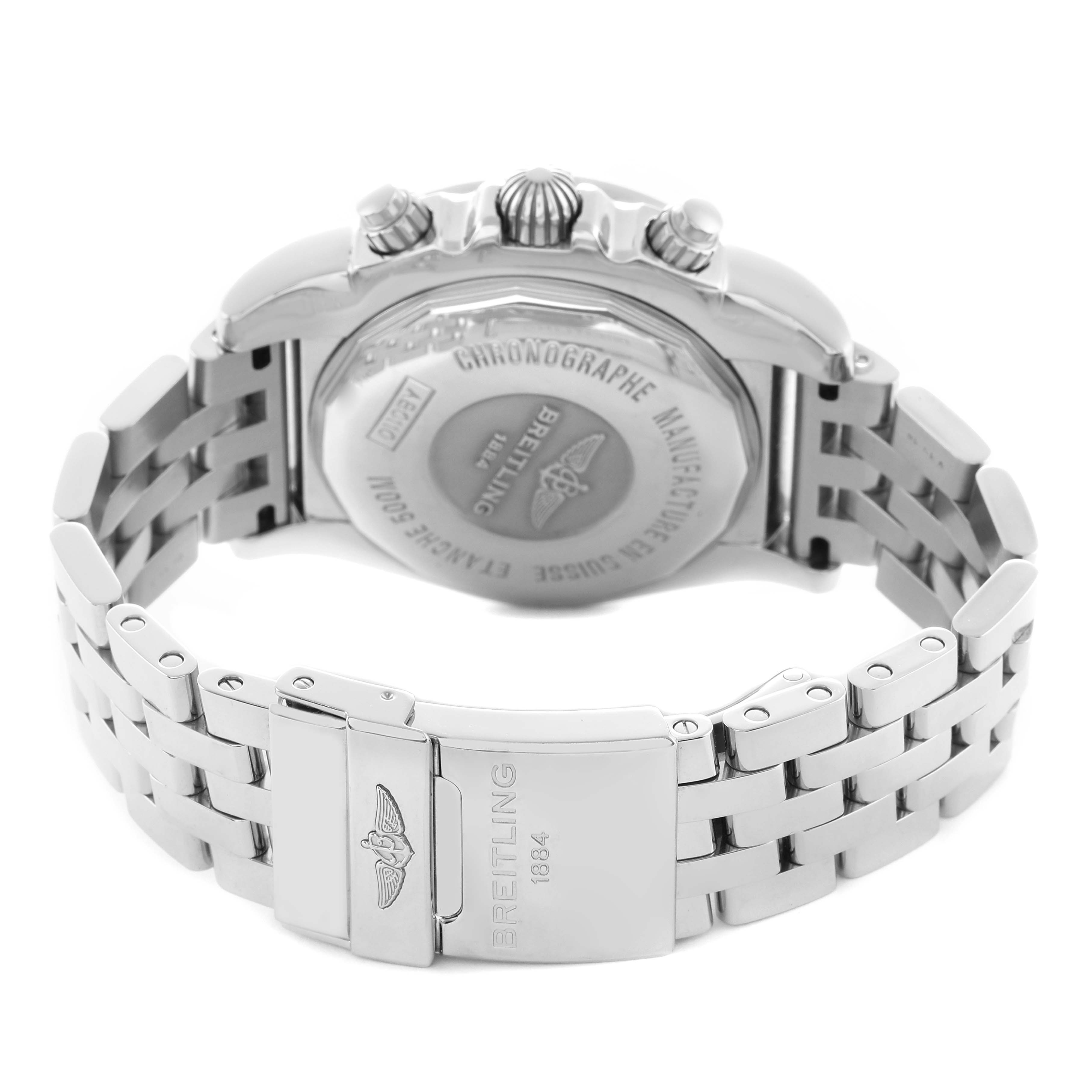 The Breitling Chronomat AB0110 Men's Stainless Steel Black Dial watch is shown from the back, displaying the case back, bracelet, and clasp.