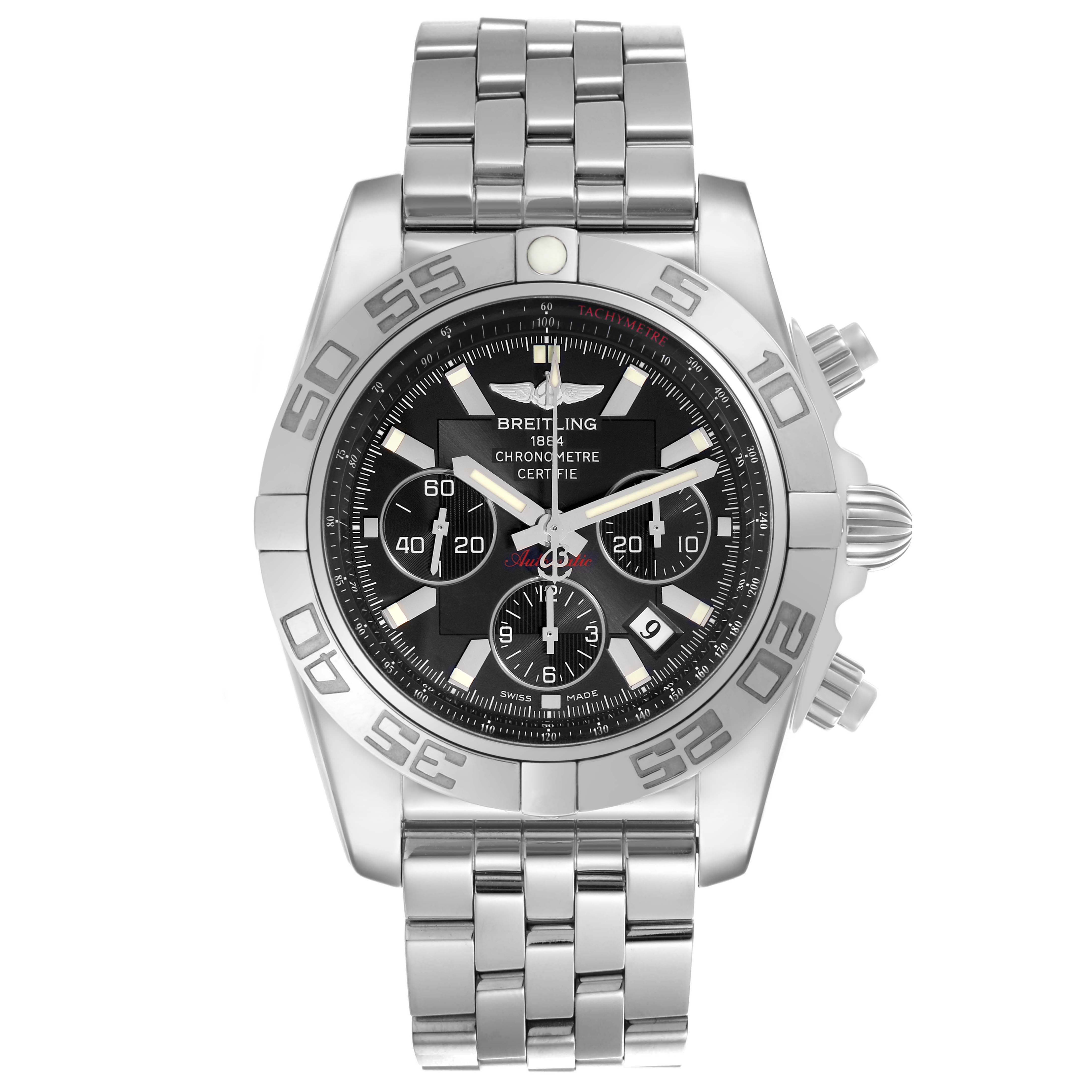 The Breitling Chronomat AB0110 Men's Stainless Steel Black Dial watch is shown from a top-down angle, highlighting its dial, bezel, and metal bracelet.