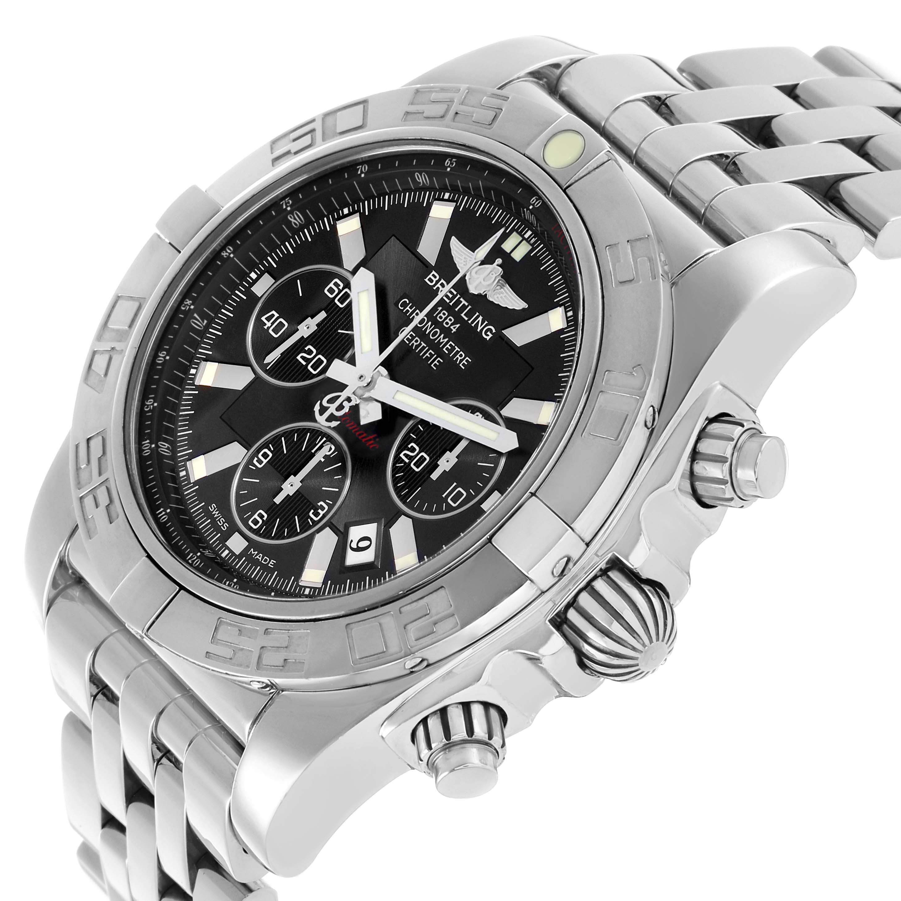 The Breitling Chronomat AB0110 Men's Stainless Steel Black Dial watch is shown at a three-quarter angle, highlighting the dial, bezel, pushers, and part of the bracelet.